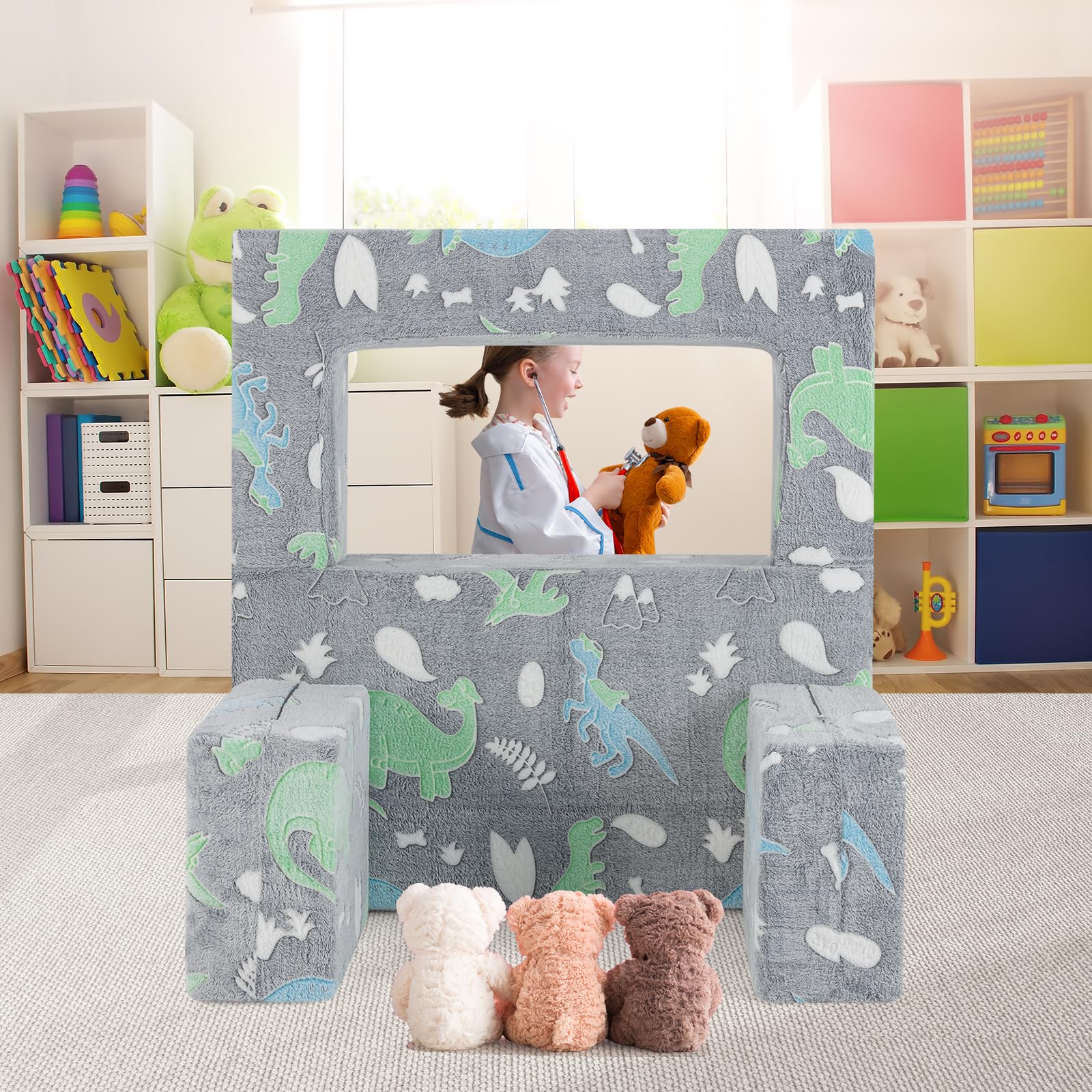 COSTWAY Divano Pieghevole 3 in 1 per Bambini Brilla al Buio, Poltrona Bambini con Rivestimento in Flanella Rimovibile e Lavabile, Pouf per Cameretta (Dinosauro Grigio)