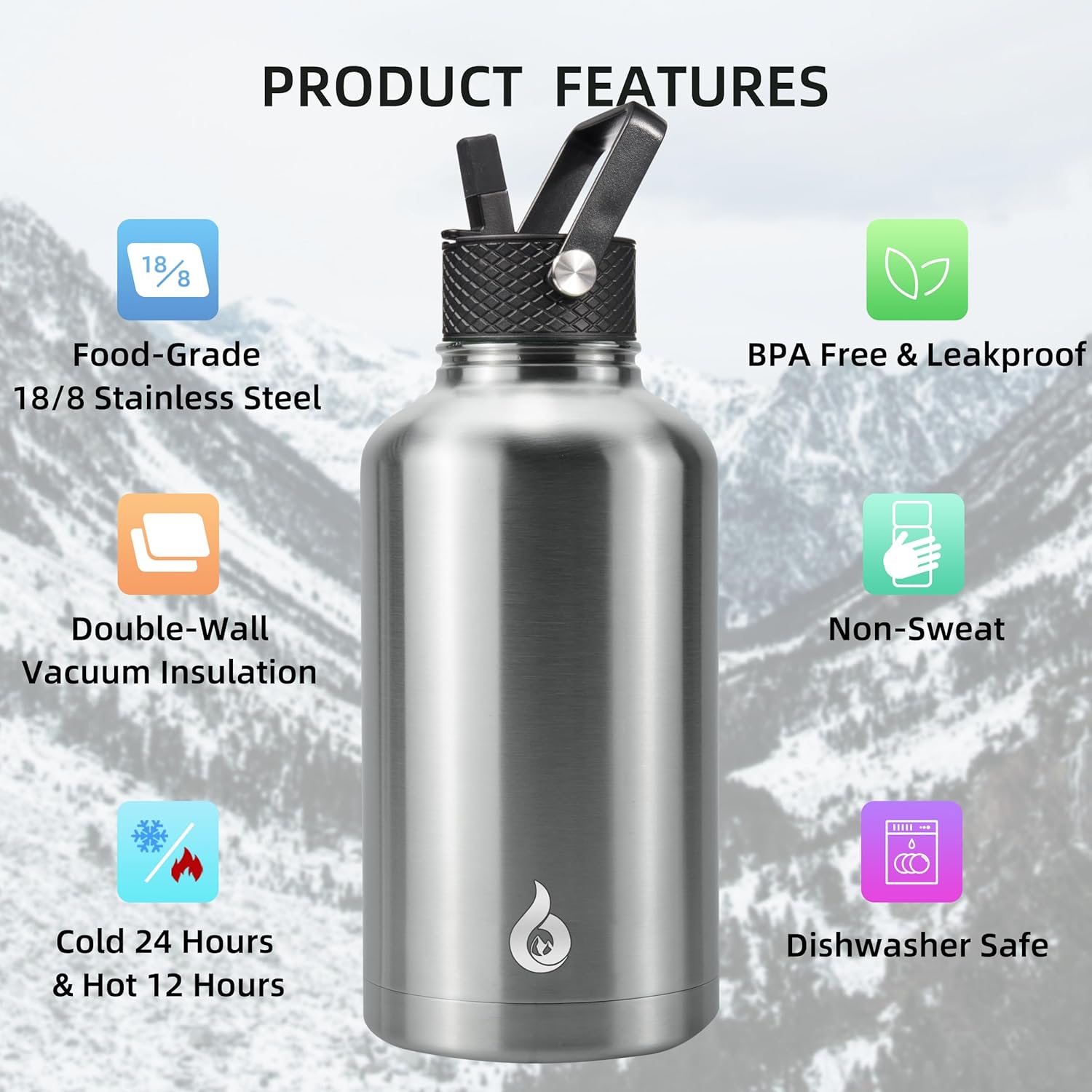 BJPKPK Half Gallon Insulated Water Bottles with Straw Lid, 64oz Large Water Jug, Stainless Steel Bottles with 3 Lids and Paracord Handle, Thermo for Hot & Cold Liquid, Stainless Steel - Image 3