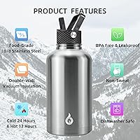 Vista 274 de BJPKPK - Botellas de agua aisladas con tapa de popote, botellas de agua de acero inoxidable de 40 onzas con 3 tapas, termo a prueba de fugas libre