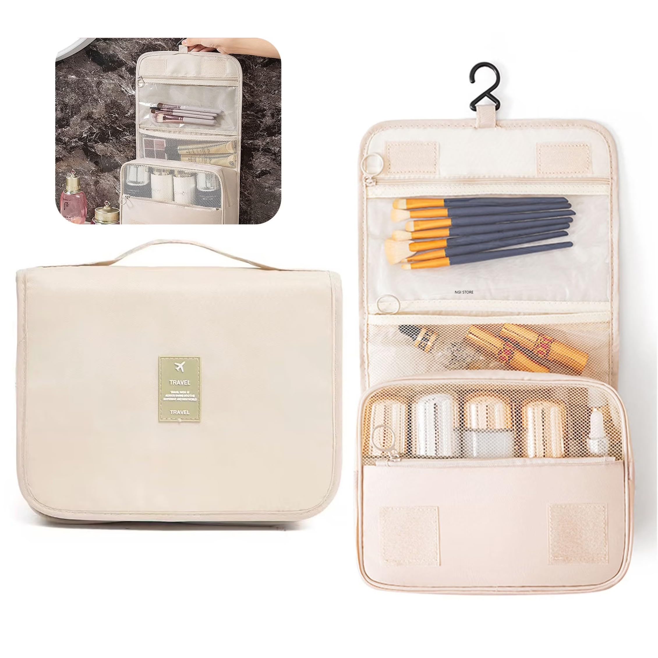 Travel Hanging Toiletry Bag, Large Cosmetic Makeup Bag,Transparent Waterproof Foldable Cosmetic Storage with Mesh Compartments for Men & Women with Sturdy Hook Essentials Travel Bag-image-22
