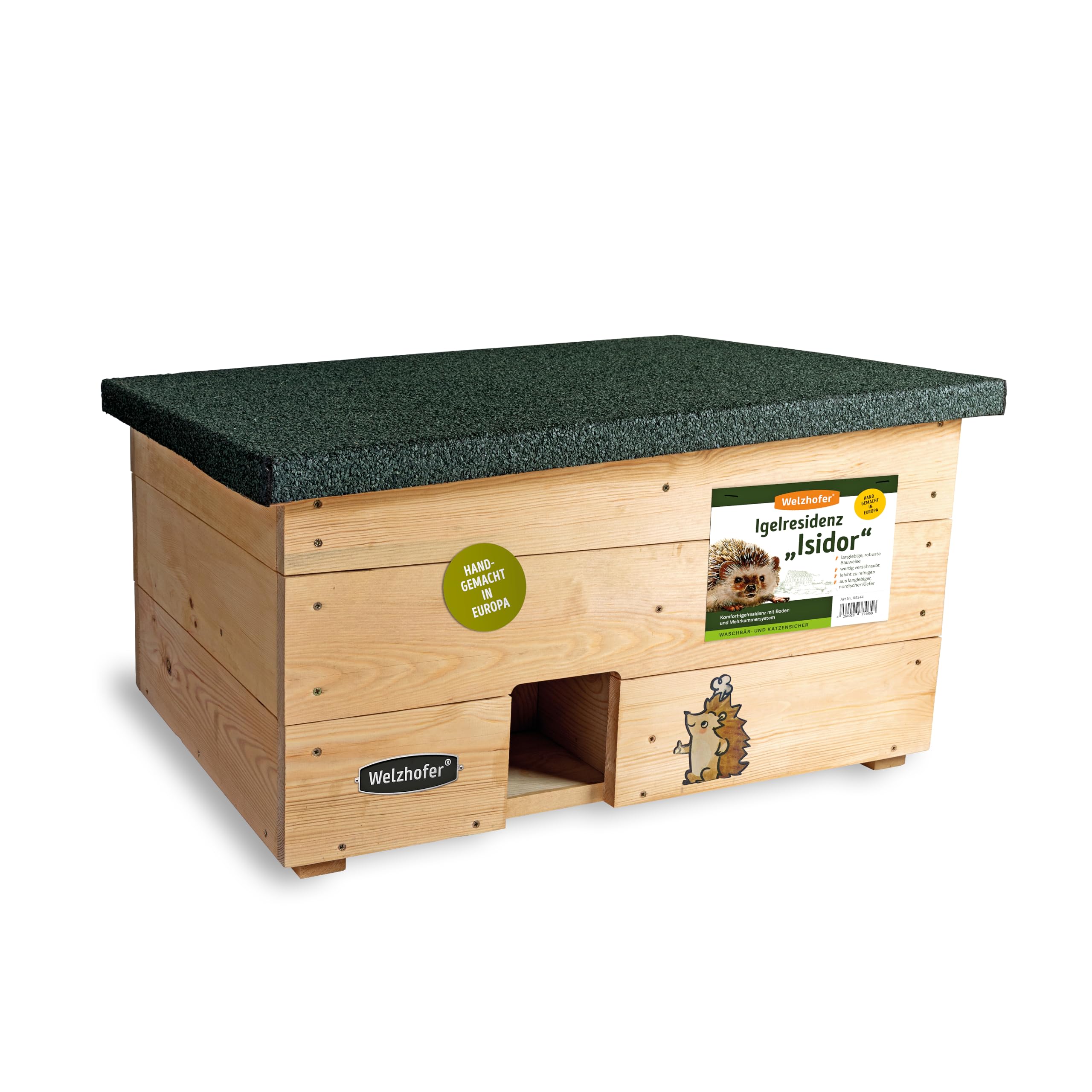 XXL Premium Igelresidenz Isidor, Ganzjahreshaus für Igel, wintertaugliches Igelhaus aus Holz, sicher vor Katzen und Waschbären, handgemacht in Europa, extra Futterraum, leicht zu befüllen