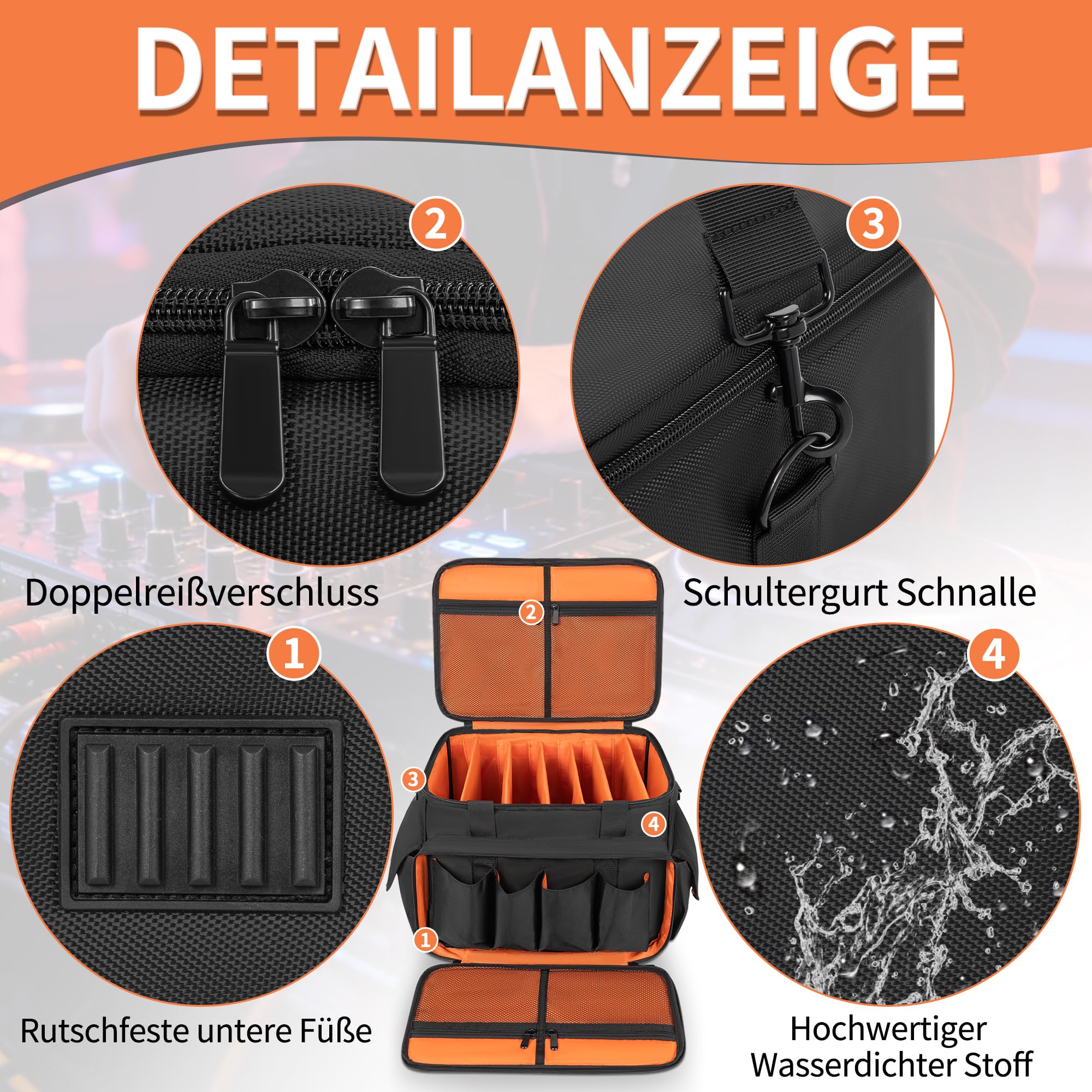 DJ Tasche, 1680D Nylon DJ Gigbag mit Abnehmbaren Trennwänden und Boden, DJ Kabel Organizer Tasche für Professionelle DJ Ausrüstung, Musikinstrumente und Zubehör, Orange (Mittlere)