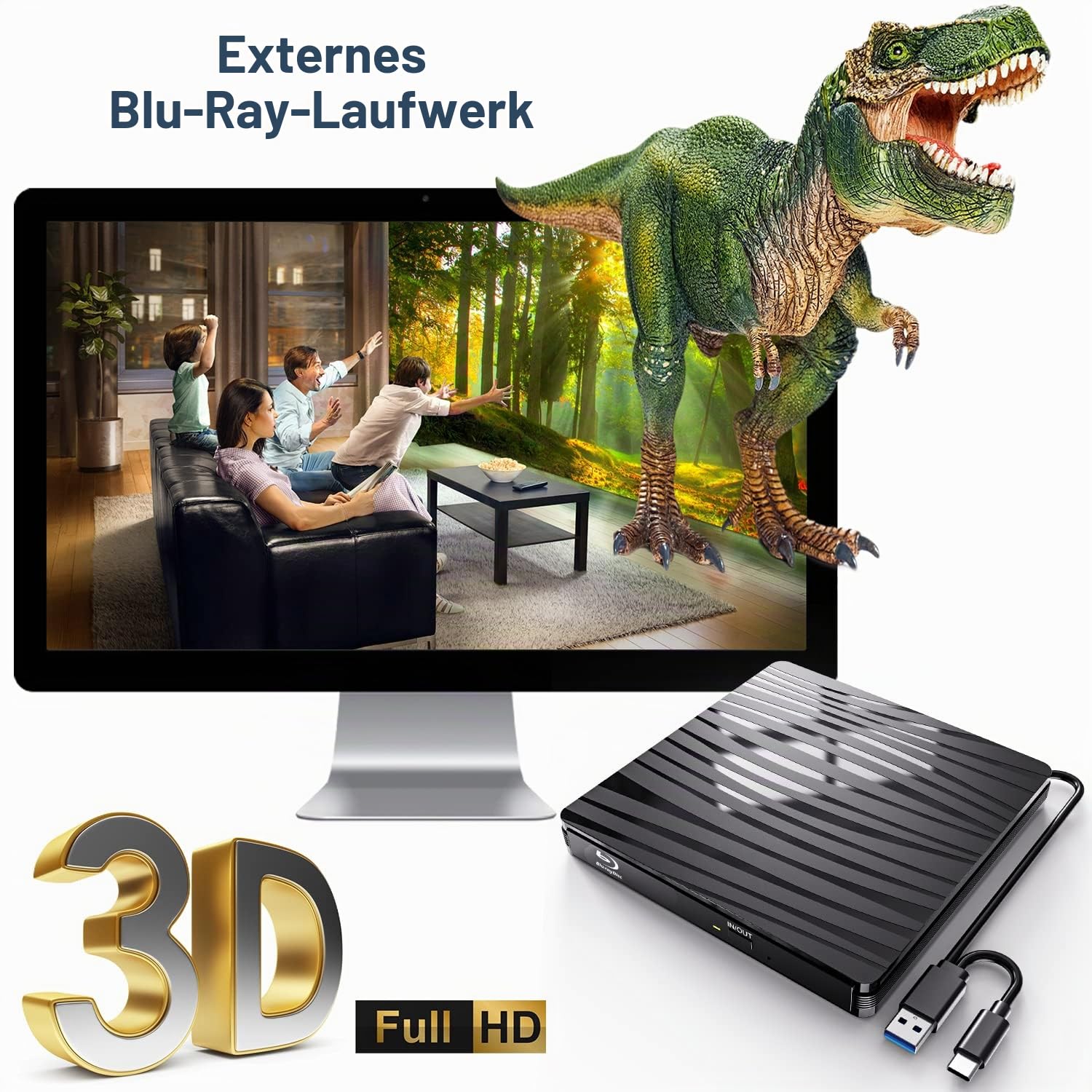 Externes Blu Ray Laufwerk 50G, Type-C & USB 3.0 HD 1080P Bluray Laufwerk Extern Blu ray Laufwerk Extern BD CD DVD ROM RW Blu-ray Laufwerk für Laptop PC Mac Windows 11/10/8/7/XP/Linux/MacOS Blu ray