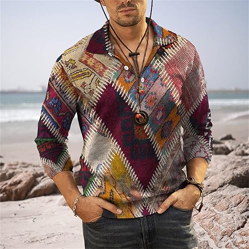 Miniatura 4 de Polera polo para hombre camiseta de golf con estampado azteca camiseta deportiva casual de playa blusa étnica de manga larga