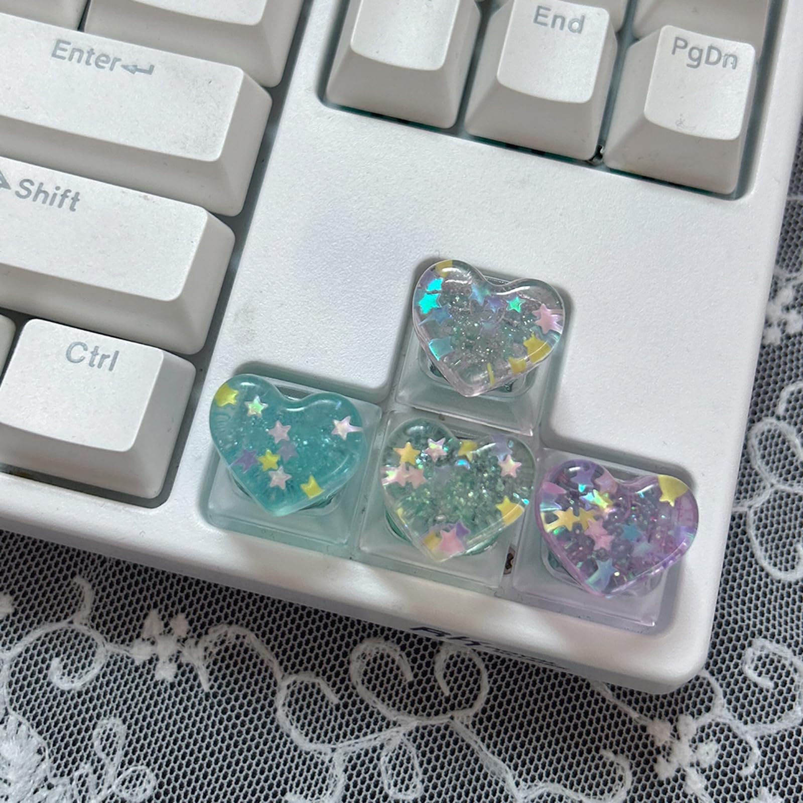 4Pcs Heart Keycaps Colorful, Cute WASD Arrow Esc Translucent Keycaps, Personalized Backlit Shine Through Glitter Charms for Mechanical Keyboard