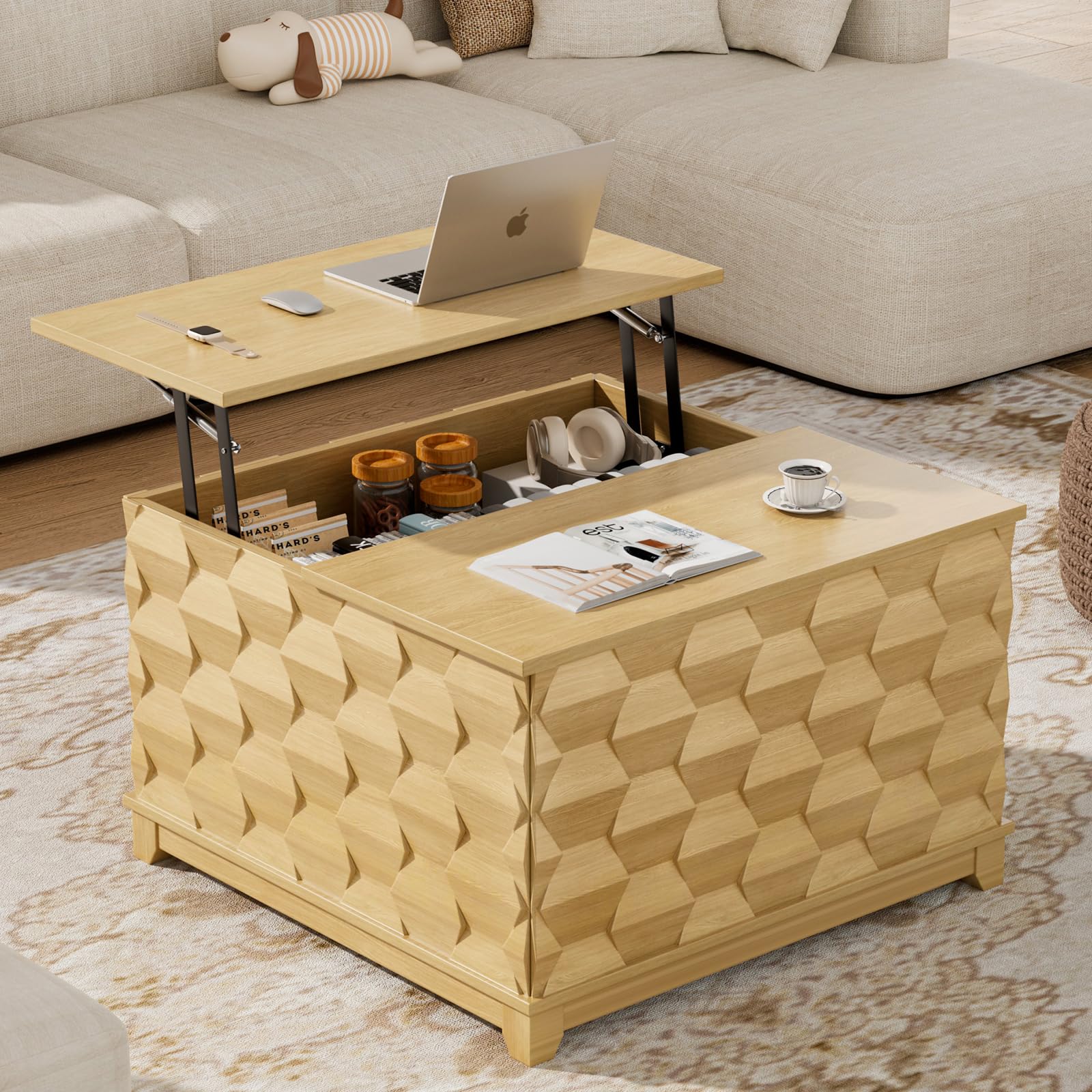 BROTTAR Lift Top Coffee Table, 31.5'' Square Coffee Table with with Storage, Farmhouse Coffee Tables with Hidden Storage, Center Table with Embossed