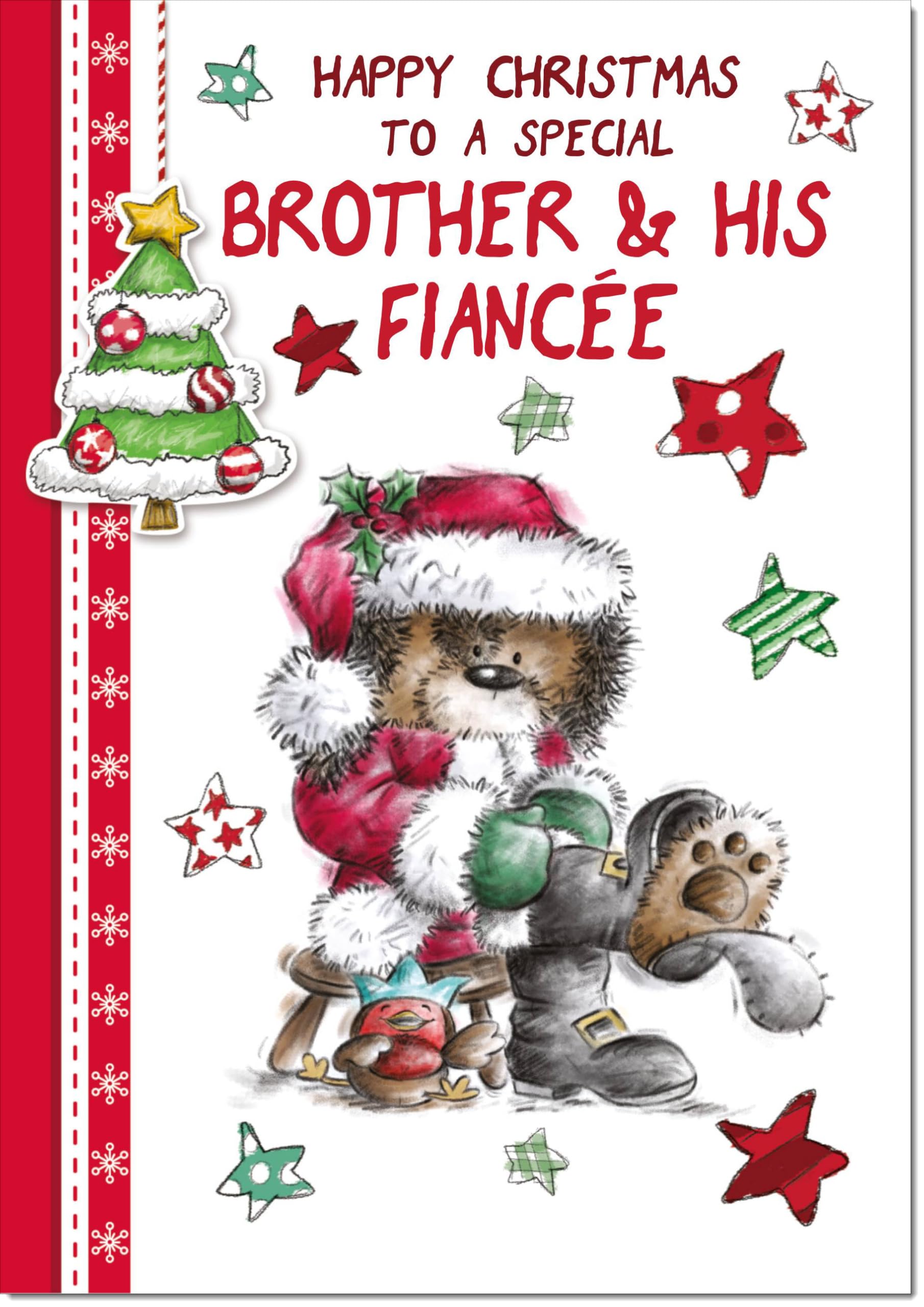 doodlecards Brother and Fiancee Christmas Card Cute Bear Large A4 Size Christmas Card for Brother & Fiancee with Plain Envelope