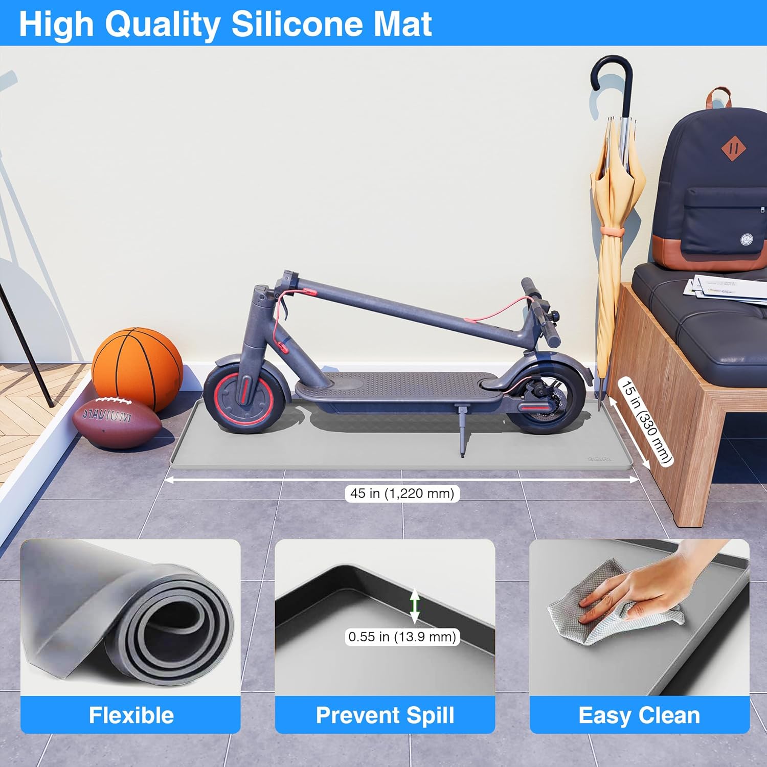 SEIRI Floor Protection Mat for Electric Scooter | 48" x 15" in | Waterproof, Non-Slip, Durable, Easy Clean | Protects Floor from Dirt, Scratches, Moisture | Perfect for Home, Office, Garage