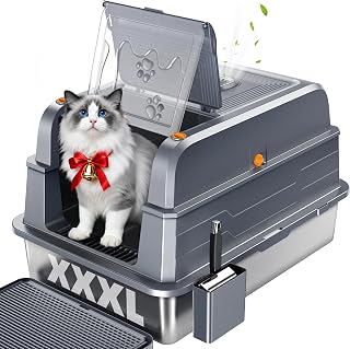 PetGenie 2025 XXXL Stainless Steel Cat Litter Box (152L) - Leak-Proof for High Pee Cats, 180° Flip Top Lid & 3-in-1 Modes, Fits Maine Coon/Multi-Cat Homes w/Metal Scoop & Charcoal Filter