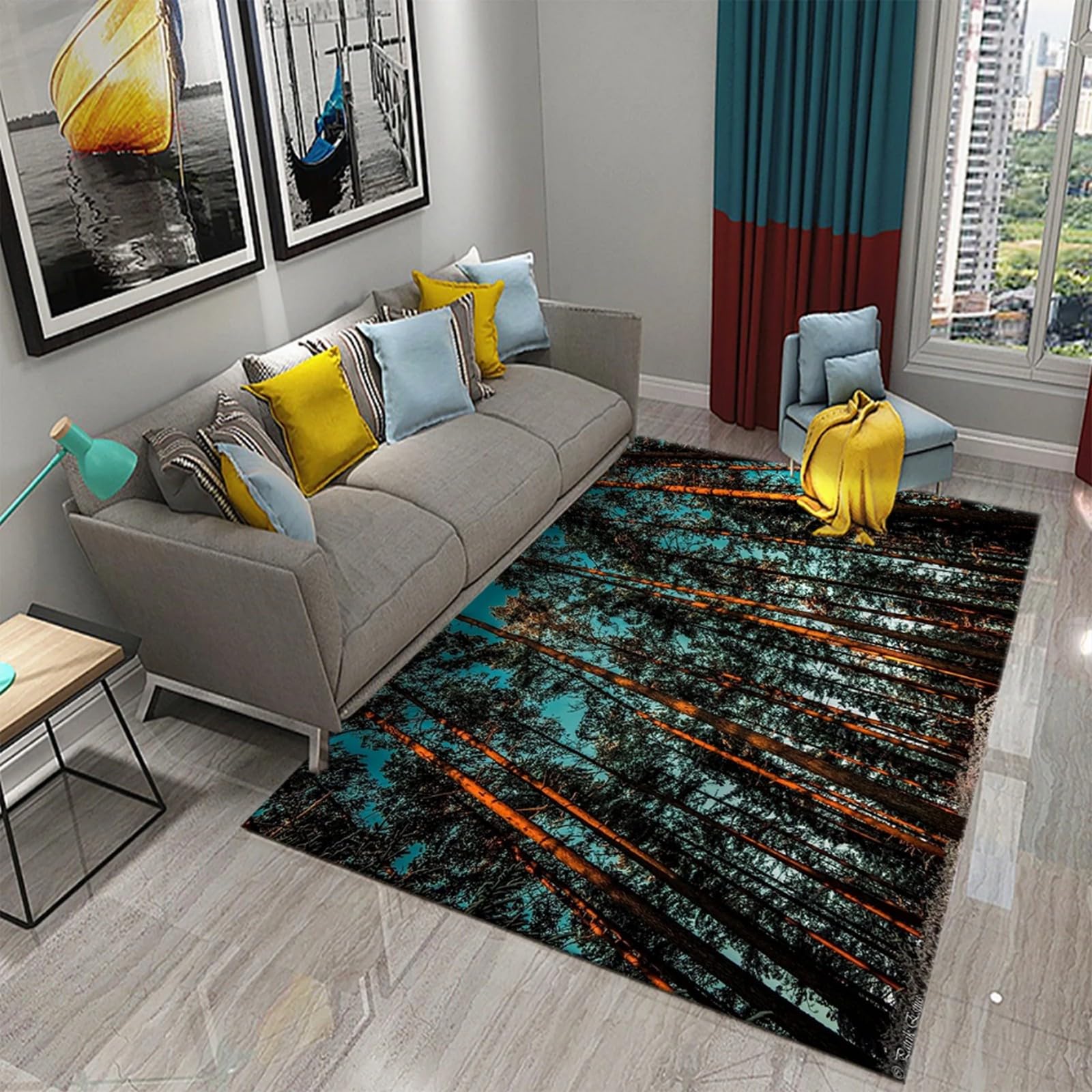 Tapis de sol grand salon 200x300 antidérapant avec motif paysage forêt 3D intérieur extérieur