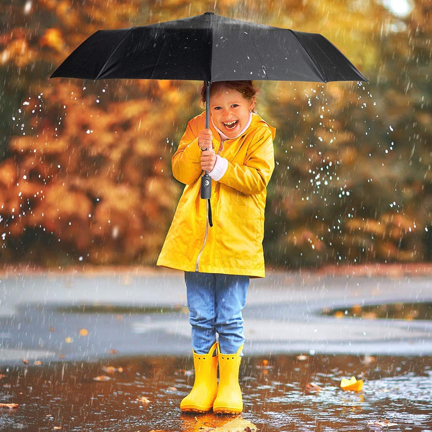 Ausdin&Loftstyle Umbrellas For Rain-AUSDIN Automatic Folding Umbrellas-Reinforced 10ribs-Strong Enough Windproof Umbrella-Double Layer Vinyl Sun UV Protection Black