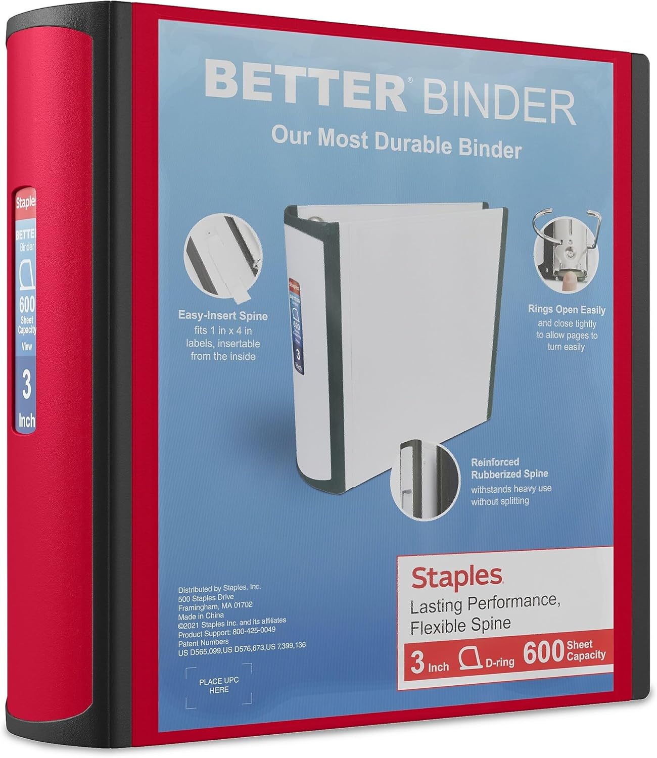 Staples Better Binder, 3" Heavy‑Duty D‑Ring 3‑Ring Binder, Red, Reinforced Spine, Holds 600 Sheets, Durable Organizer for Office, School & Presentations, 2‑Pack
