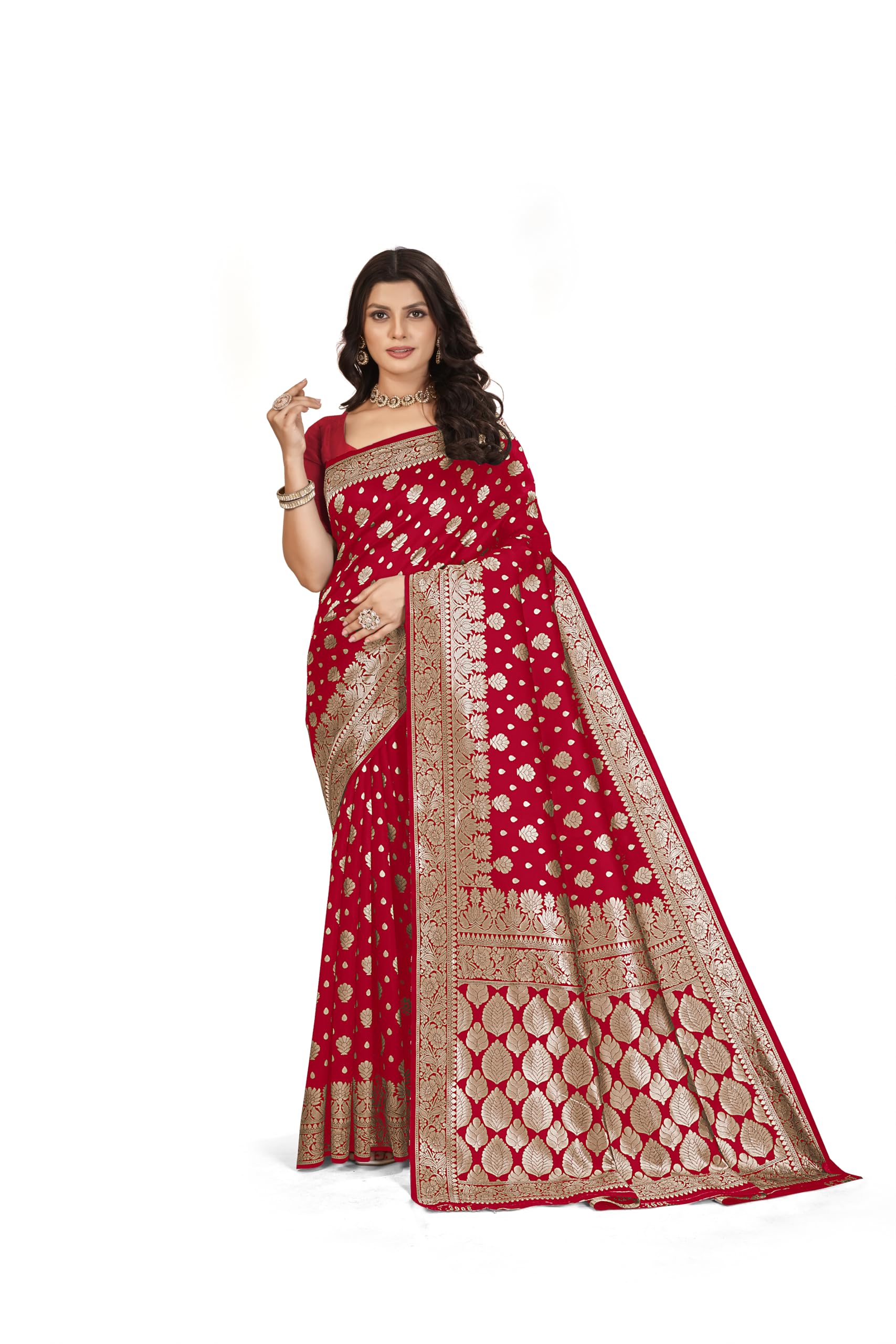 Fashion Trendz Women's Silk Blend Saree with Zari Woven Rich Pallu Design Traditional Banarasi Kanjivaram Paithani Style Saree with Unstitched Blouse Piece Red-picture-46