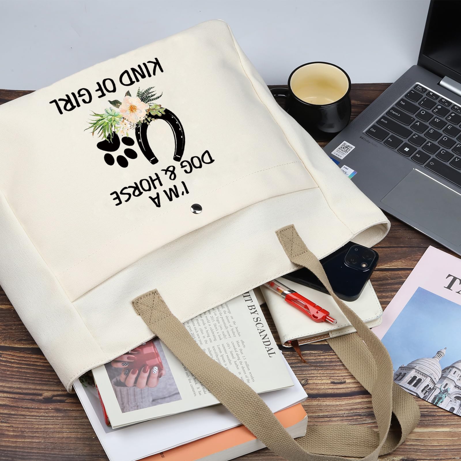 PLITI Horse Lover Gift I'm a Dog And Horse Kind Of Girl Tote Bag Paw Print Horseshoe Gift Dog Lover Gift Horse Trainer Gift (Dog And Horse TBU) - Image 3