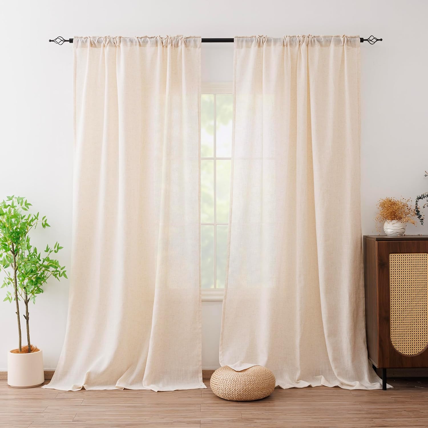 Linen Curtains for Living Room, Linen Blended Semi Sheer Light Filtering Curtain Rod Pocket Back Tab Privacy Drapes 108 Inches Long 2 Panels Set-Natural,54Wx108L