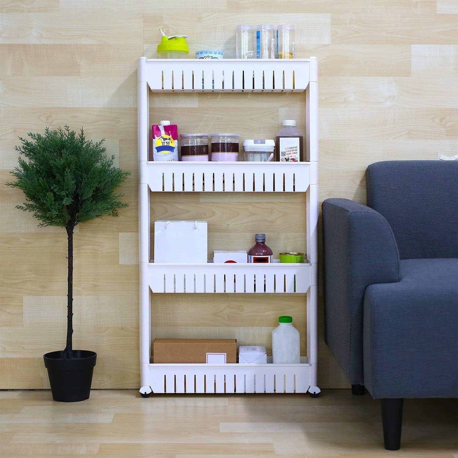 4 Layer Storage Organizer Slim Plastic Rack Shelf with Wheels - White, Plastic Shelves