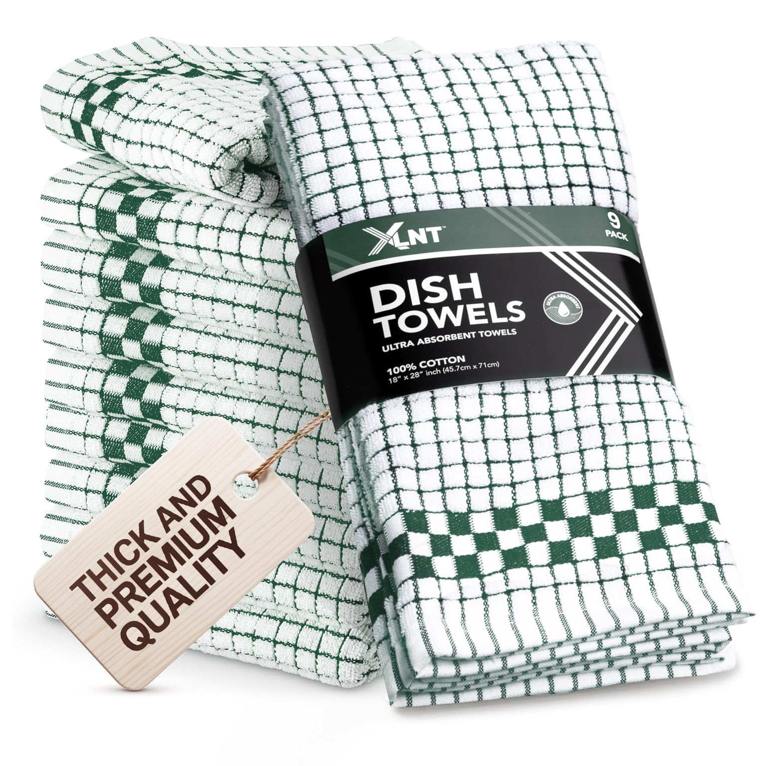 XLNT Lot de 9 torchons de cuisine ultra absorbants 100 % coton pelucheux durables avec point de boucle Vert 45,7 x 71,1 cm