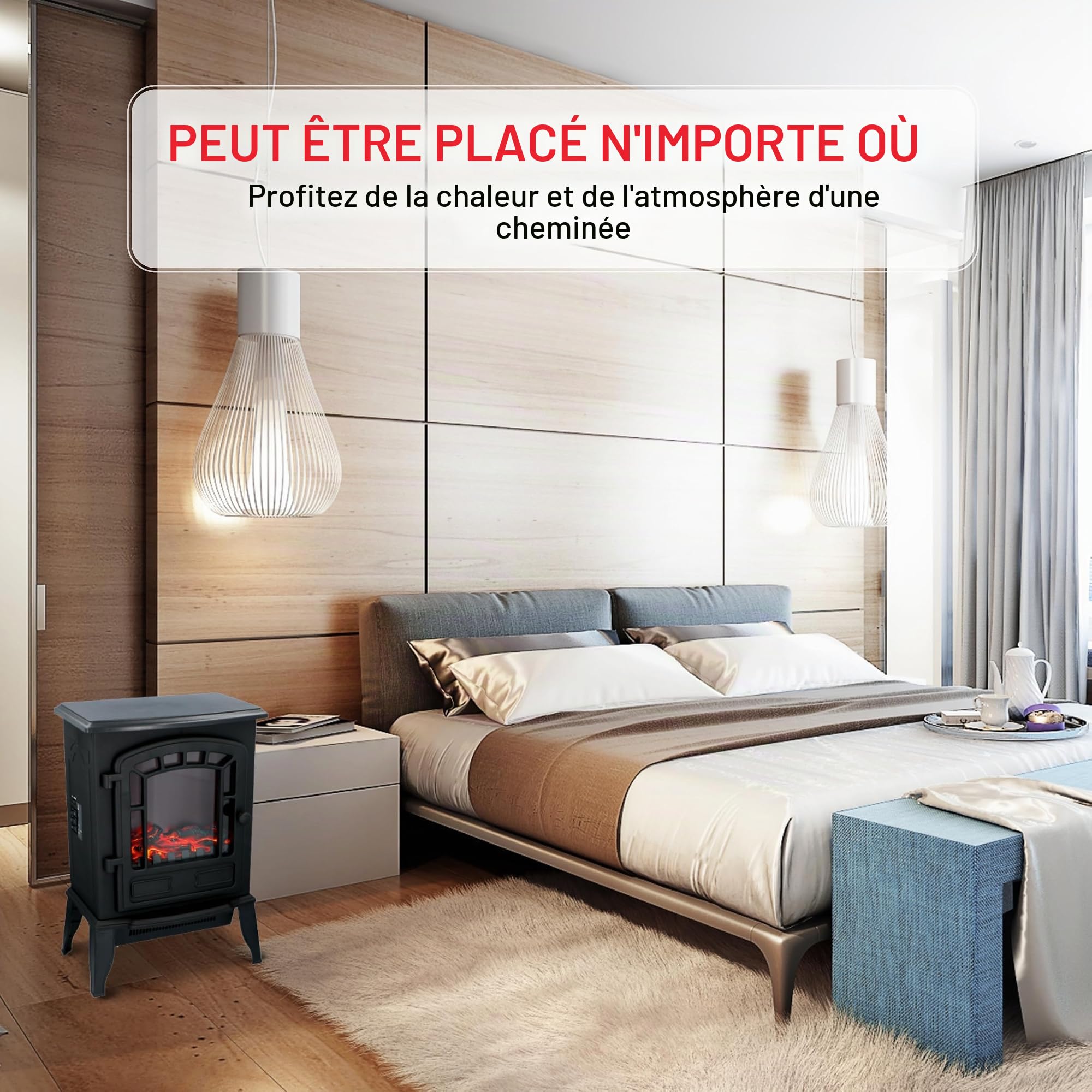 Cheminée Électrique Torino – Radiateur Électrique 2000W Chauffage d’Appoint avec Effet Flamme LED – Poêle Chauffant Décoratif sur Pieds avec Protection Surchauffe – Noir