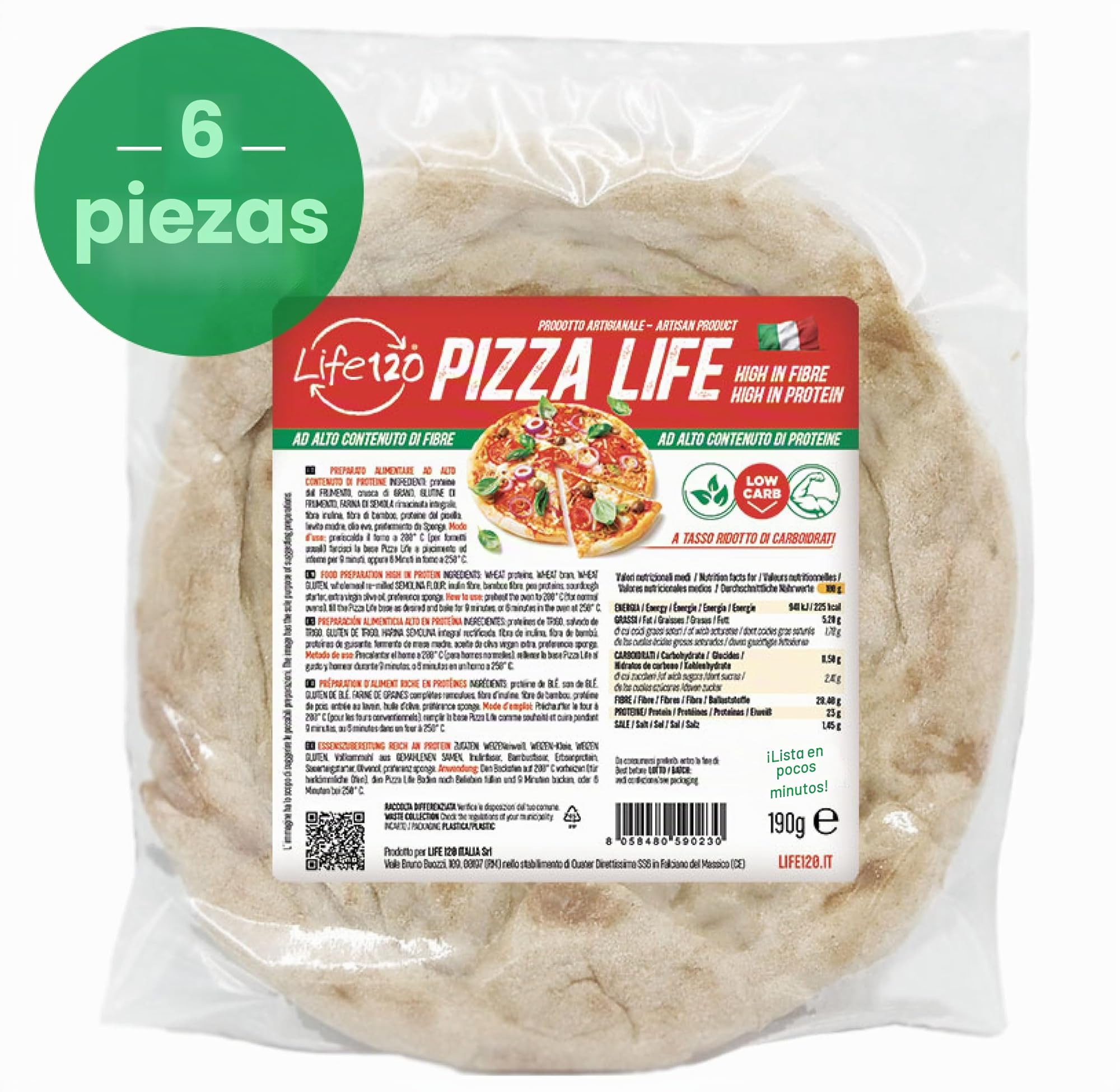 Life 120 - Box Pizza - Pizza Proteica Keto de Bajo Contenido en Carbohidratos, Rica en Fibra y Alto Contenido de Proteínas - 190g - Caja de 6