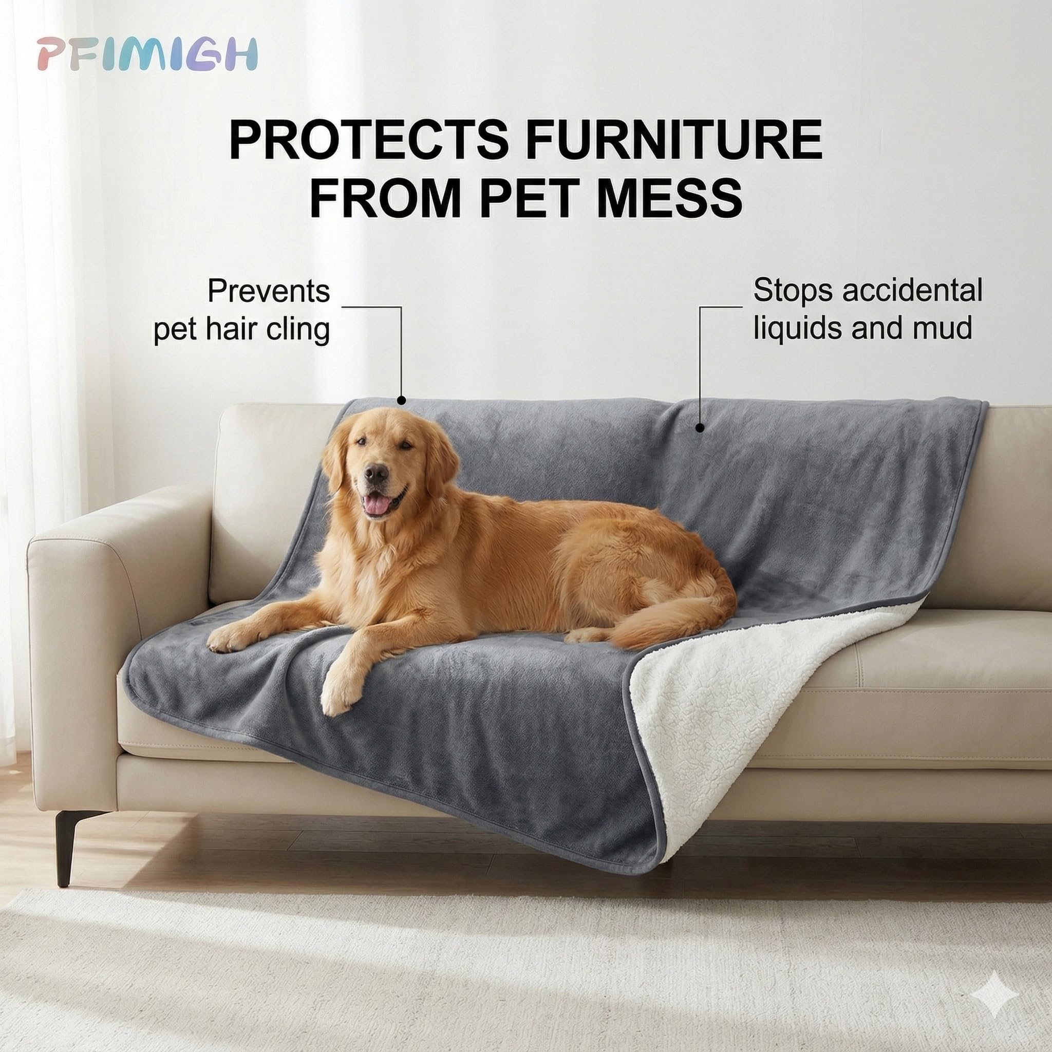 Manta Impermeable para Perros, 3 Capas de Franela y Sherpa, Cobertor Reversible Protector para Cama, Sofá y Sillón, Gris, 152x203cm