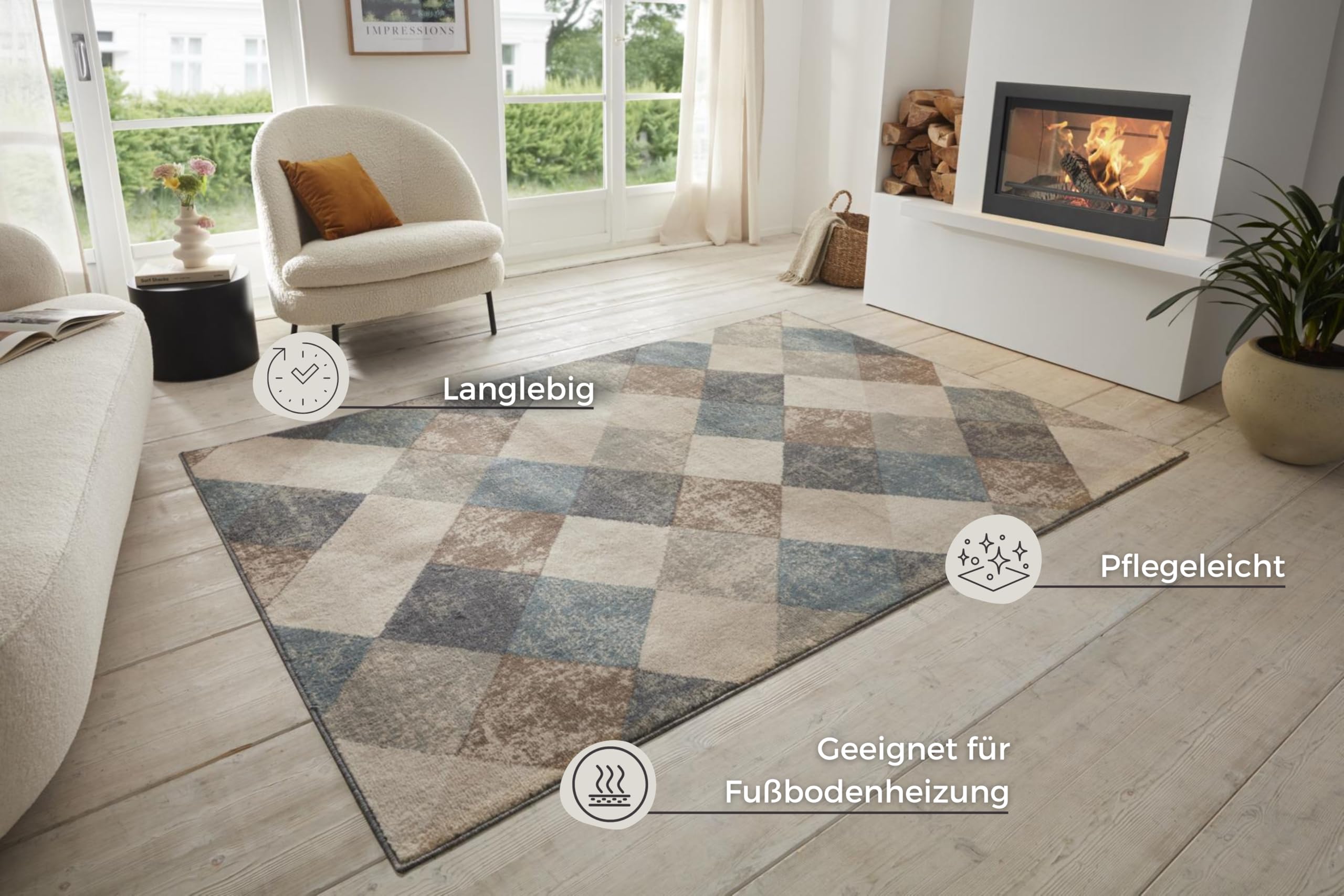 Hanse Home Bakke Designer Teppich Wohnzimmer – Kurzflor Modern, Geometrisches Rauten Muster, Flachgewebe Wohnzimmerteppich für Esszimmer, Kinderzimmer, Jugendzimmer, Flur, Küche – Creme, 160x235cm