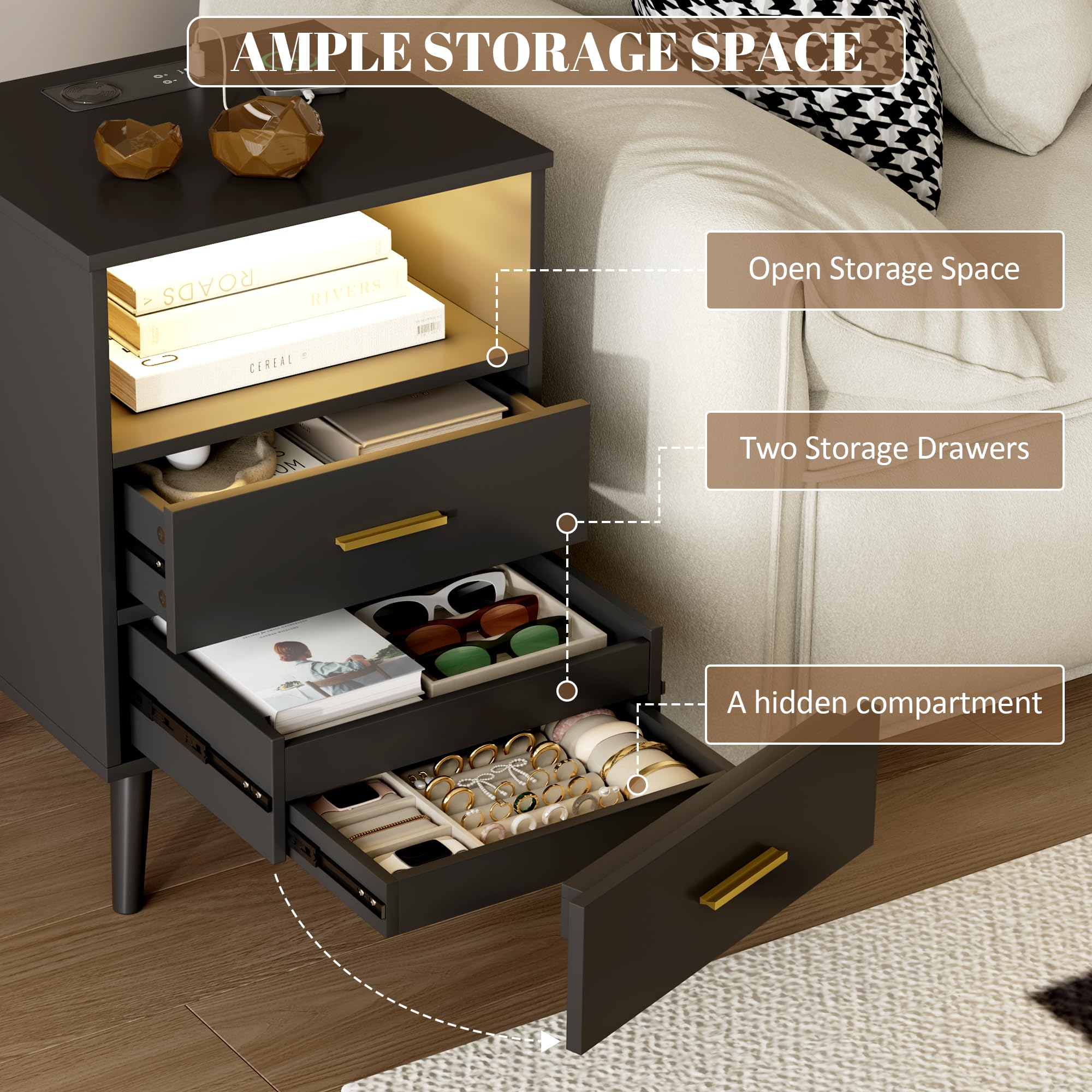 Vlsrka LED Comodino con Cassetto Nascosto, Comodino con Funzione di ricarica, Comodini moderni con 3 Cassetti, Comodini in Legno Camera da letto, Ricarica Wireless, Luci 3 colori, Nero