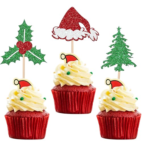 Miniatura 8 de 24 piezas de adornos para cupcakes para árbol de Navidad con estrella verde purpurina para árbol de Navidad para temática de Feliz Navidad, Año