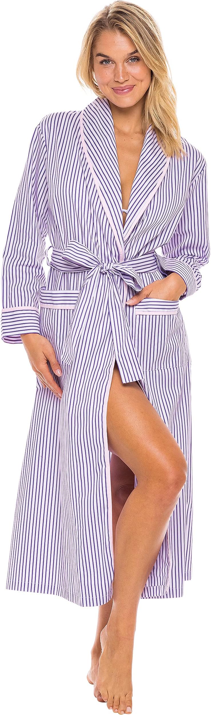 Alexander Del Rossa Women's Lightweight Cotton Robe, Summer Bathrobe, Large Pink and Purple Striped (A0515P45LG)