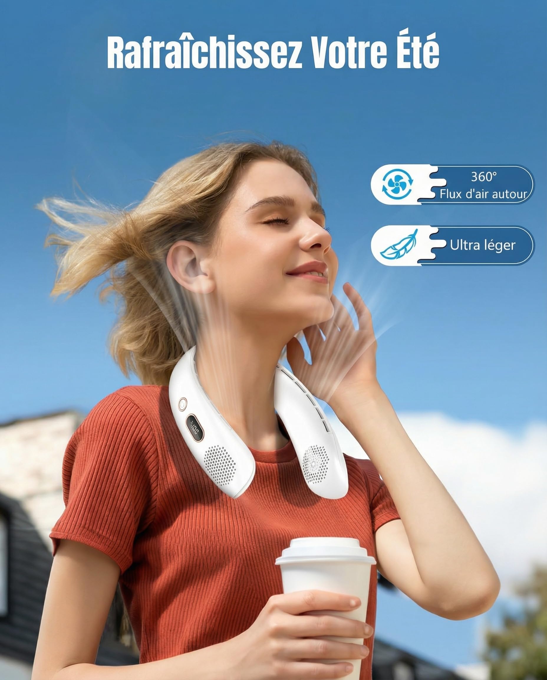 Ventilateur de Cou, 360° Ventilateur Portable Silencieux, 3 Vitesses Ventilateur Cou USB avec Affichage LED, Petit Ventilateur Sans Pale Personnel pour Domicile,Bureau,Voyage,Sport,Yoga