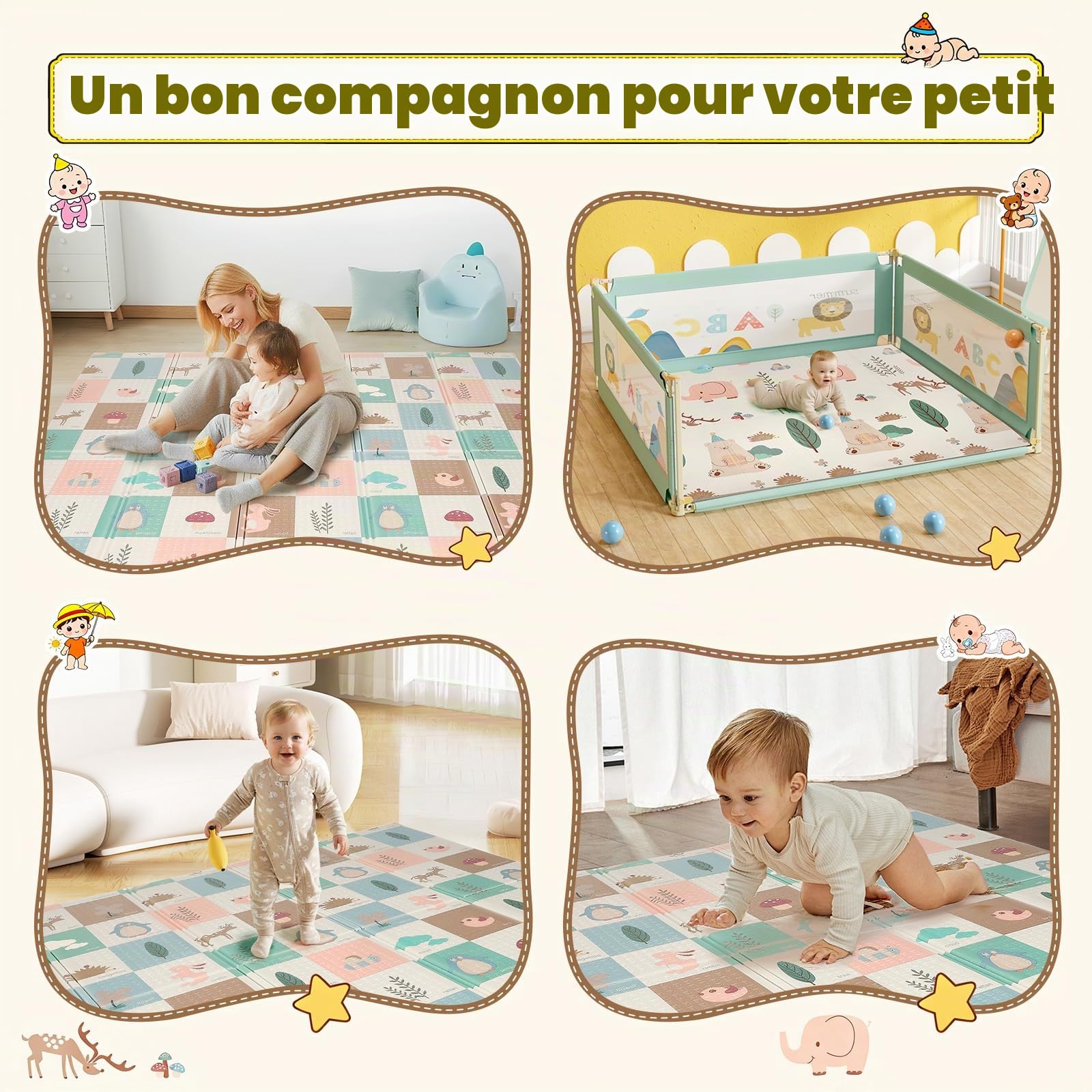 Tapis d'Éveil Bébé XXL 195 x 176 cm, Tapis de Motricité Pliable