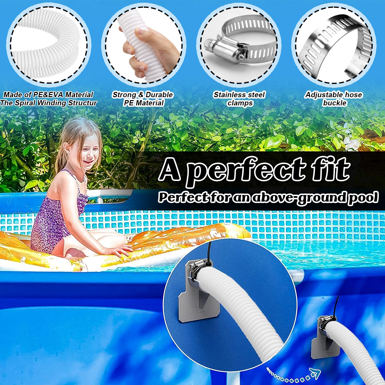 Pool Schlauch, 2 Stück Poolschlauch 32mm für Poolpumpen, 150cm Poolschläuche Spiralschlauch 32mm, Pool Zubehör Schlauch mit 4 Sicherungsclip, Schwimmmen Pools Schlauch Zubehör Pool-Pumpe/Filter