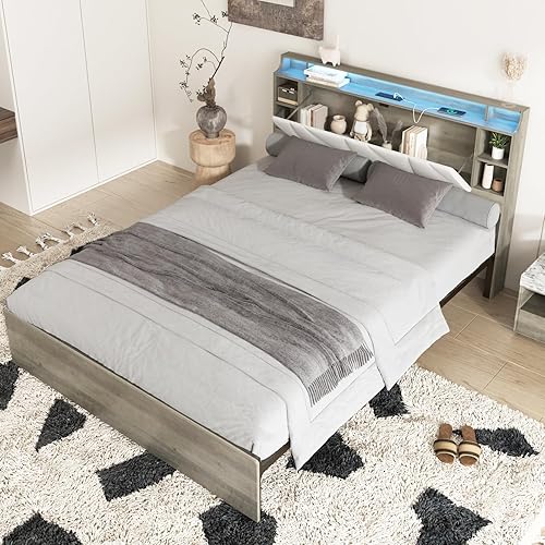 Base de cama tamaño Queen con cabecera de almacenamiento y luces LED, plataforma tapizada con estación de carga, espacio de almacenamiento debajo de
