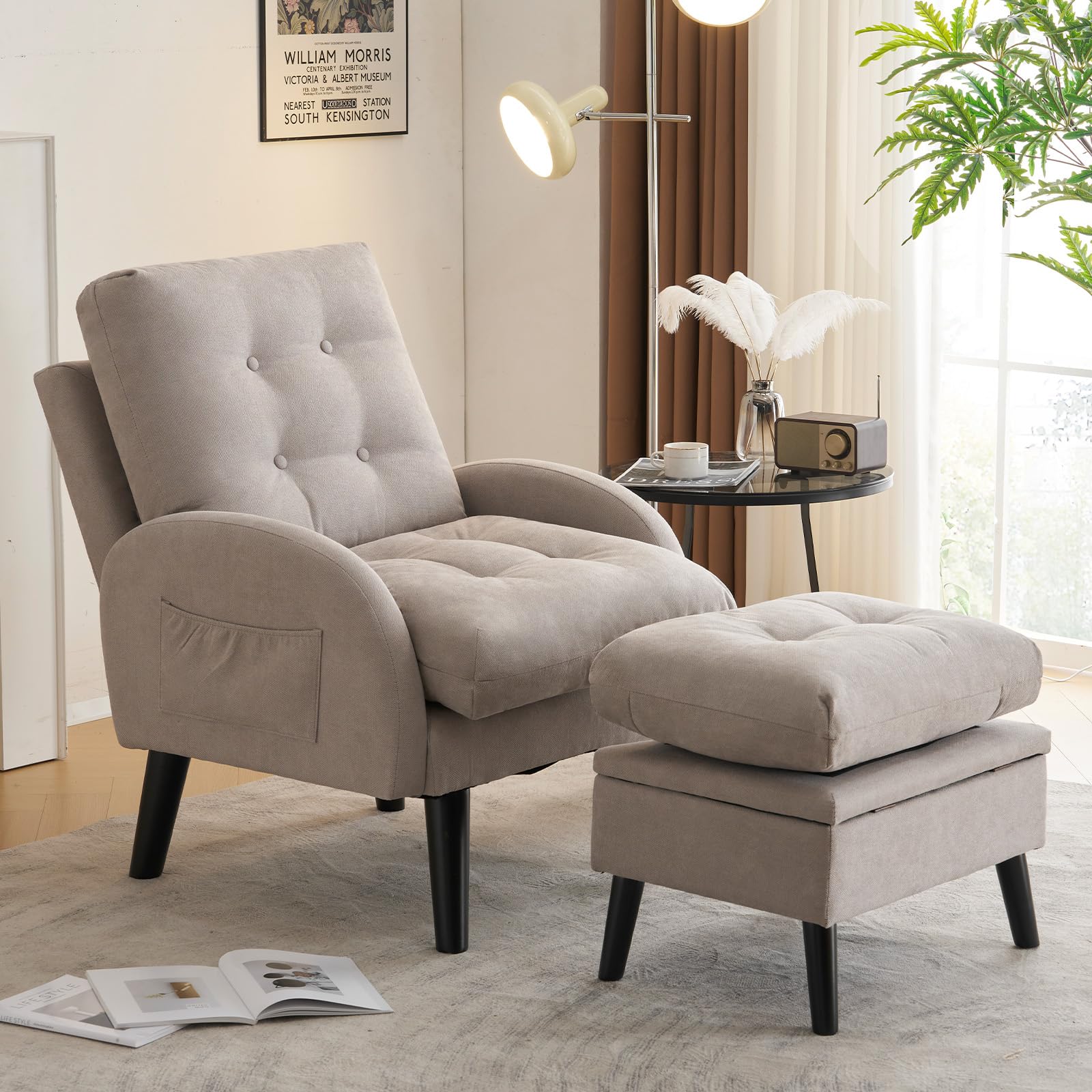 ELUCHANG Accent Chairs with Ottoman, Upholstered Comfy Armchair with Adjustable Backrest&Storage Footrest, Lazy Chair Reading Chair Leisure Sofa