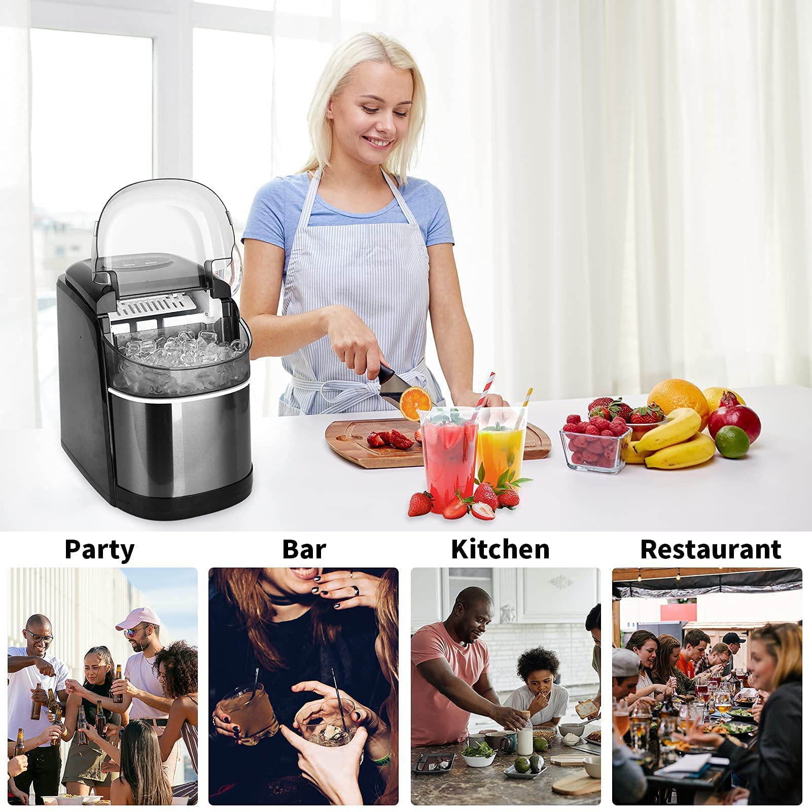 Máquinas para Hacer Hielo 1.7L, Limpieza Automática Maquina de Hielo para Casa 12kg/24h, 9 Minutos 9 Cubitos de Hielo, para Hogar/Oficina/Fiesta, Negro