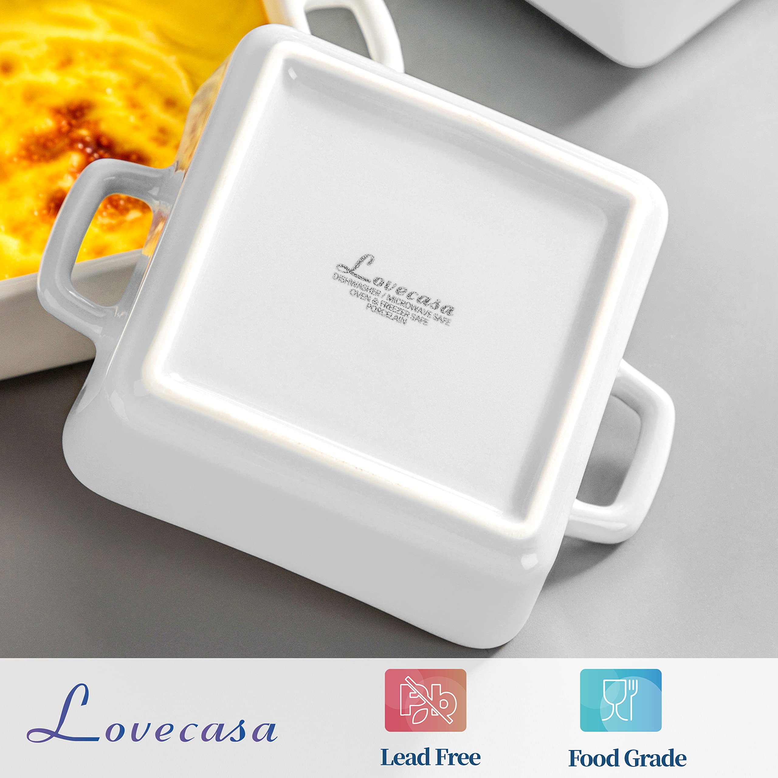 7 OZ Creme Brulee Ramekins, LOVECASA Ceramic Souffle Dish Ramekins, Square Baking Dish with Double Handles, Ceramic Ramekins for Baking, Oven Safe, Set of 6, Square White