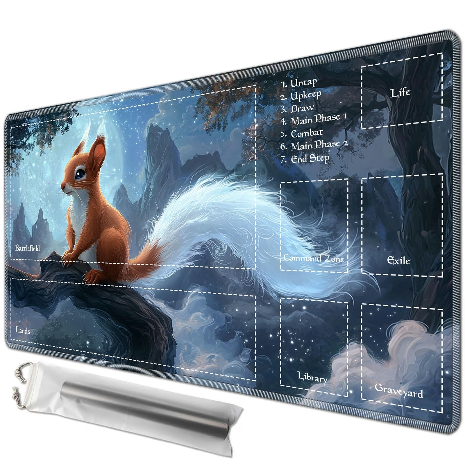 JANENFNA Playmat 24" x 14" with Magic Zones for MTG Card Game Playing, Board Game Mat for Card Breaking Commander Deck Gaming Card Game Battles Mat with Storage Bags, Fantasy Moon Squirrel — image 1