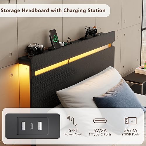 Miniatura 7 de Forestell - Marcos de cama individual con cabecera de madera, cama plataforma negra con 2 cajones de almacenamiento y estante, estación de carga