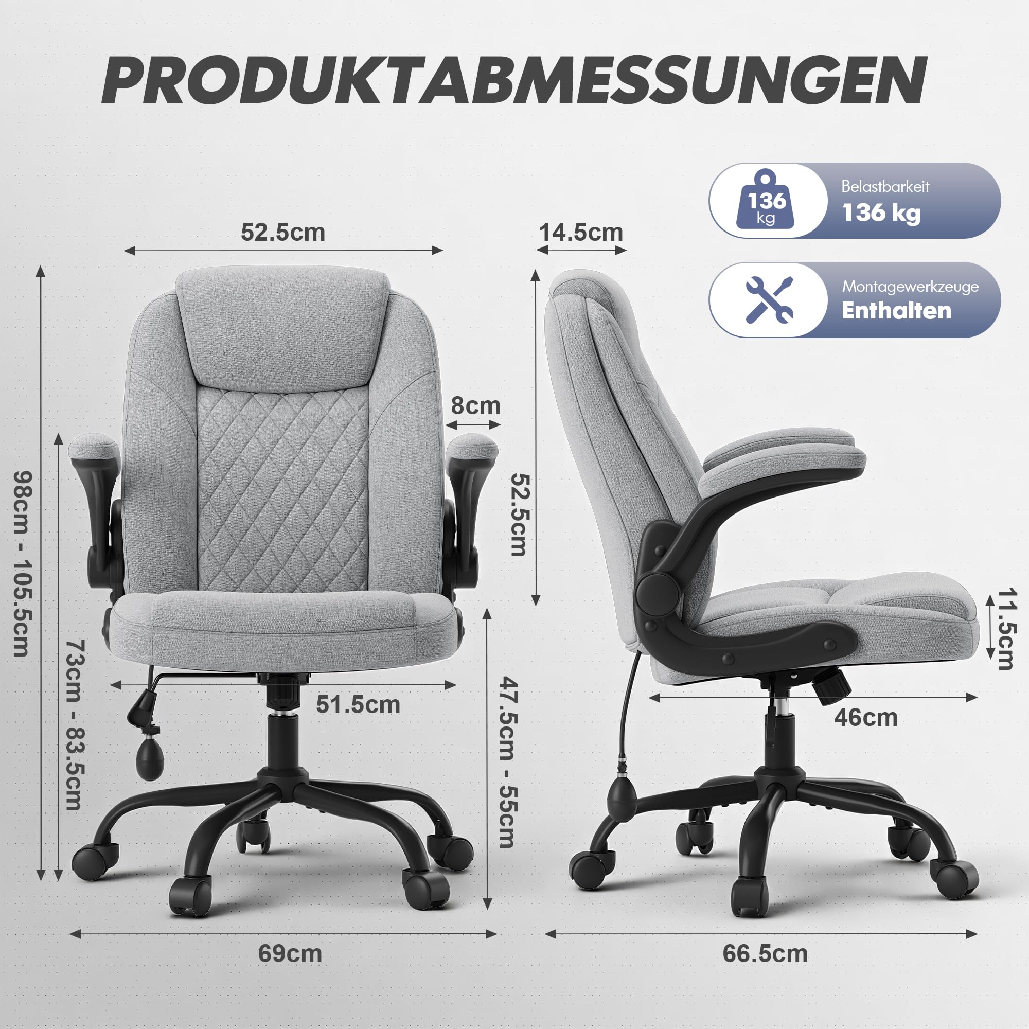 MALOL Bürostuhl Ergonomisch, Office Chair, Homeoffice Chefsessel Stuhl höhenverstellbar 105–125° Wippfunktion, Höhenverstellbarer Schreibtischstuhl mit Luft-Lendenstütze, bürostühle für Büro, Grau