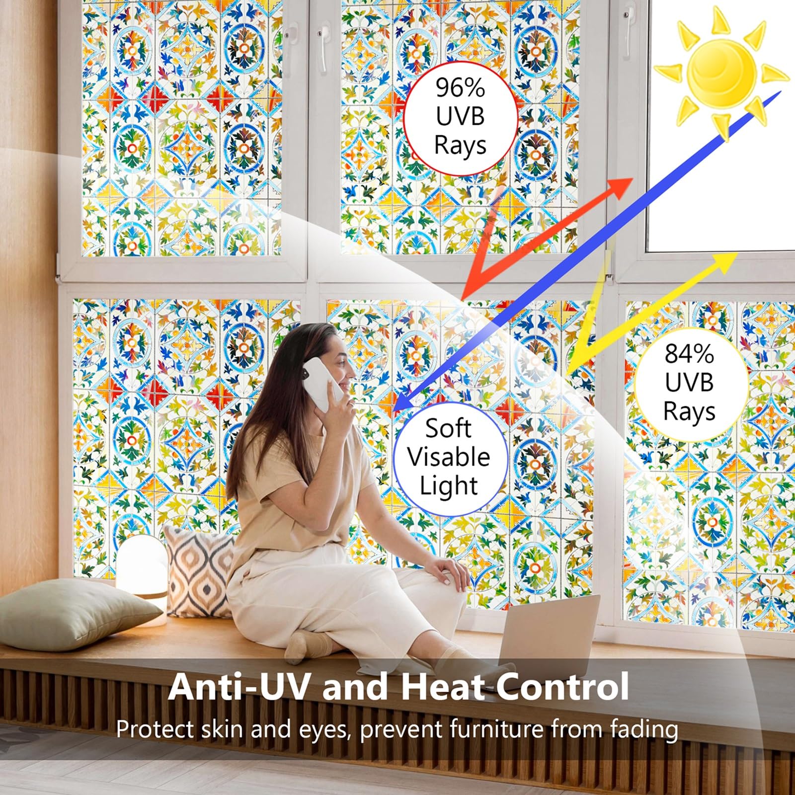 LEMON CLOUD Window Privacy Film, 3D Stained Glass Window, Static Cling Window Sticker, Non-Adhesive Heat Control Window Film Decorative for Home, Glass Door (Retro Style,23.6 x 35.4inch)