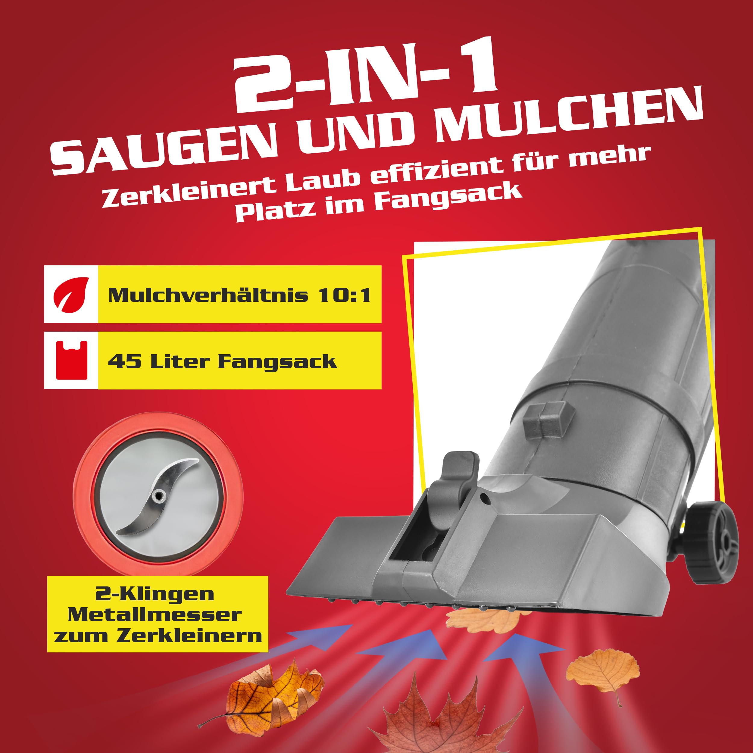 Hecht Elektro Laubsauger 3300 W 45 L mit Häcksler 10:1 | 270 km/h, 3,2 kg, Garten-Laubsauger mit Rädern und Tragegurt, großer Fangsack für Laubarbeiten