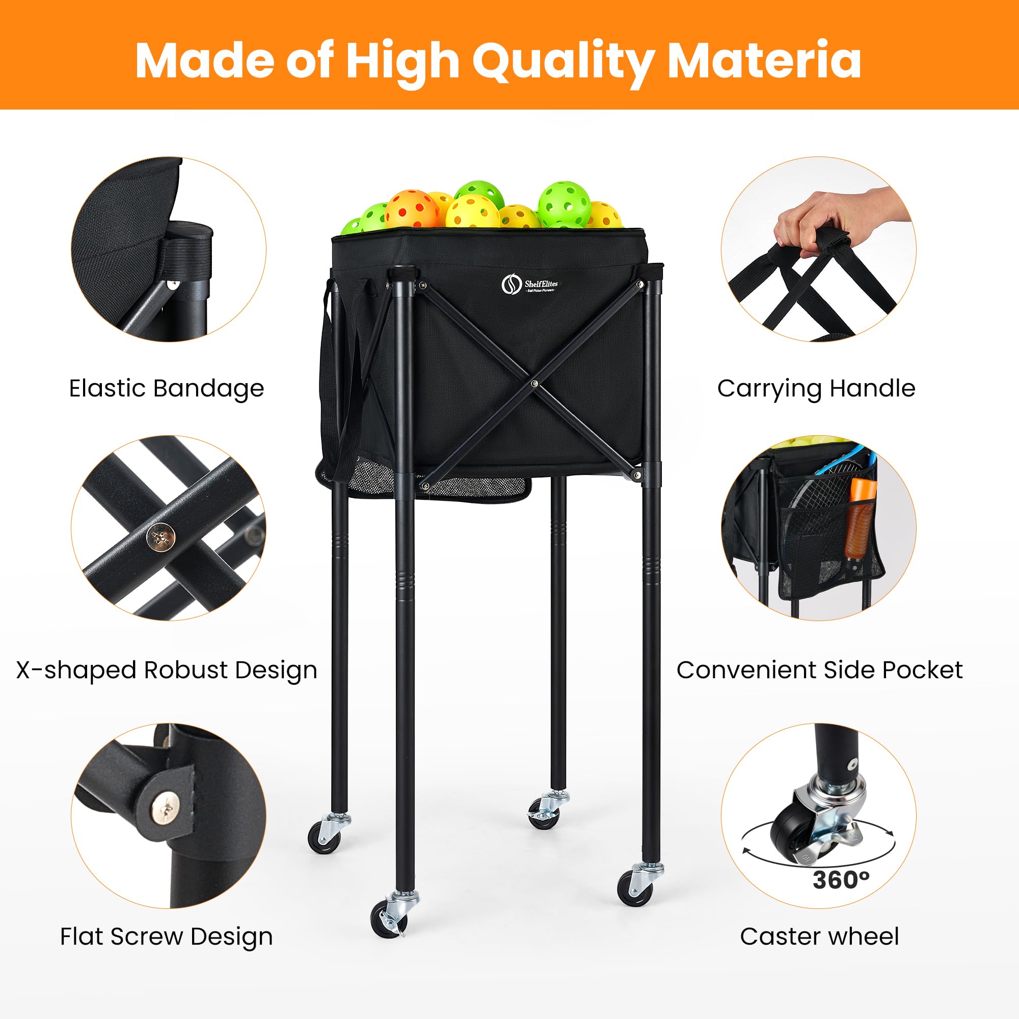 Tolva portátil para pelotas de tenis y canasta de pickleball | Carrito plegable, bolsa de almacenamiento incluida, uso multideportivo