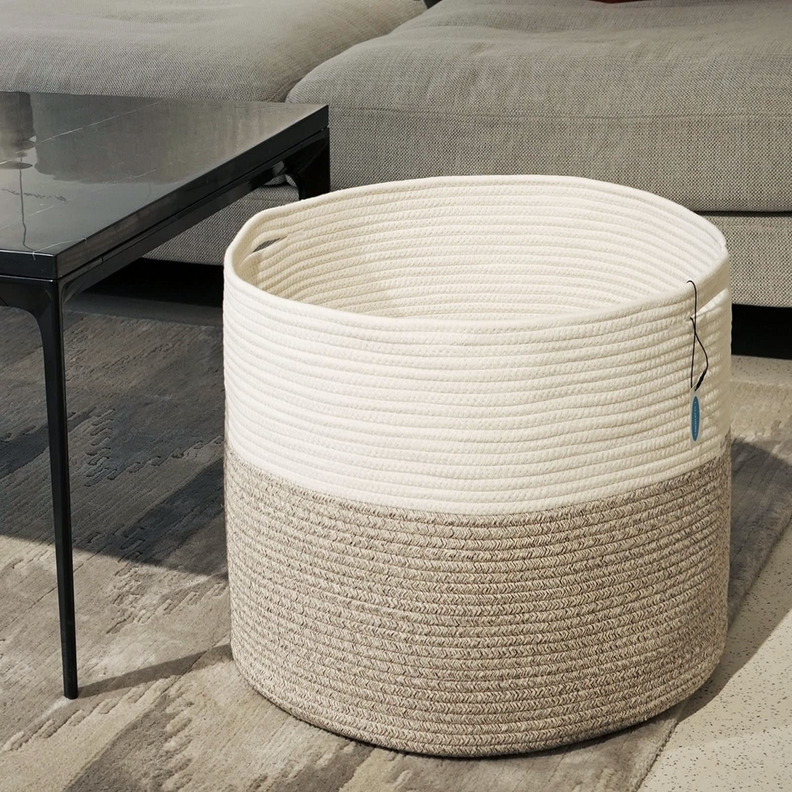 Casaphoria Natuurlijke geweven katoenen touw opbergmand, jute wasmand, voor het organiseren van handdoeken deken mand voor badkamer, tweekleurig rond mengen geweven mand met handgrepen, wit en jute Casaphoria Natuurlijke geweven katoenen touw opbergmand, jute wasmand, voor het organiseren van handdoeken deken mand voor badkamer, tweekleurig rond mengen geweven mand met handgrepen, wit en jute