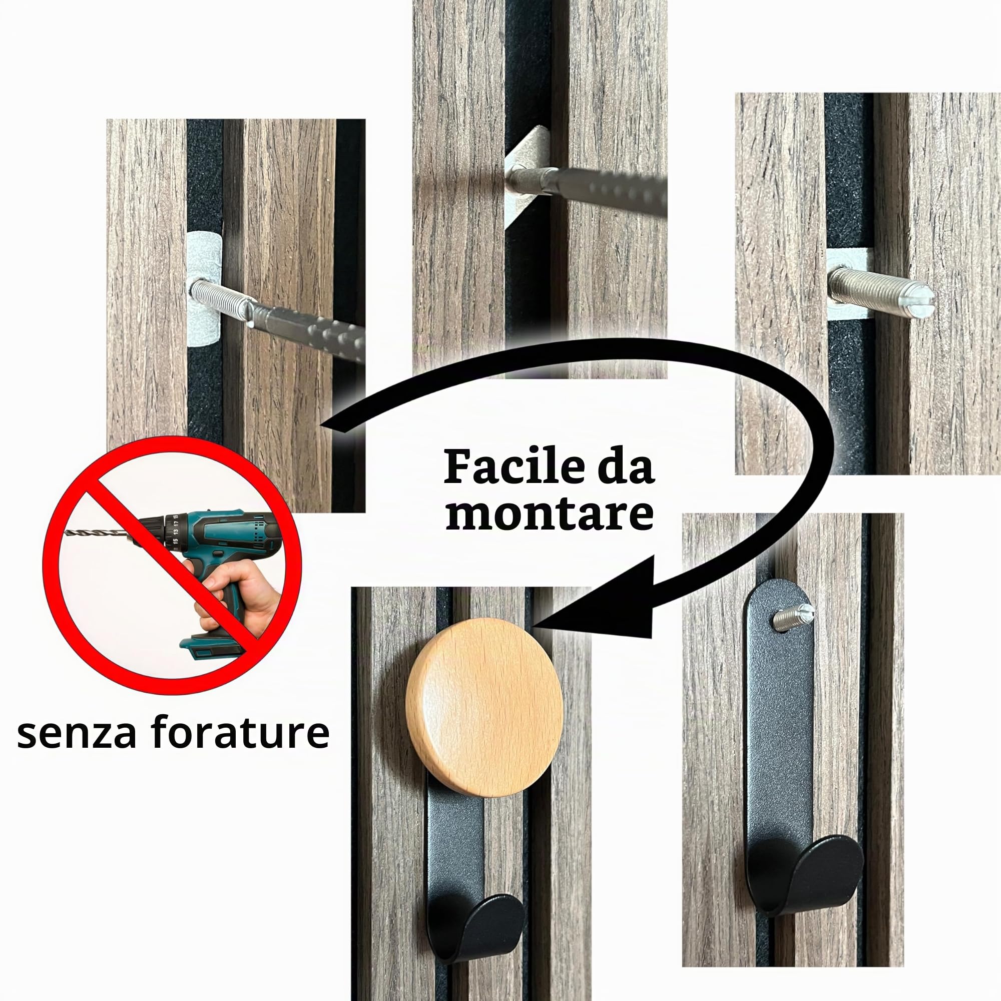 Ganci per pannelli acustici senza forature – Set da 3 – Appendiabiti neri con pomello in legno di faggio – Gancio da parete – Ganci porta abiti per pannelli acustici
