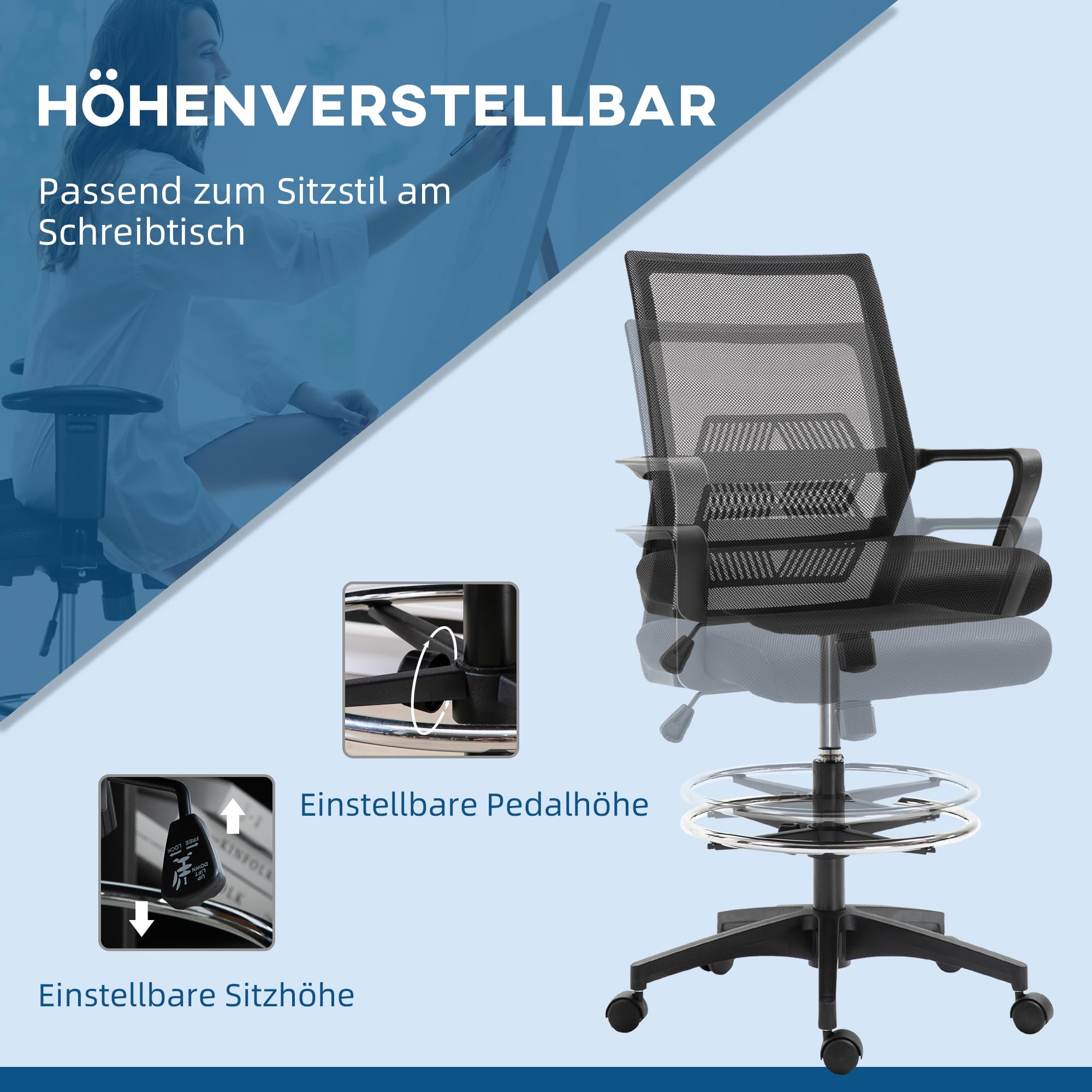 Vinsetto Bürostuhl mit Verstellbarem Fußring Lendenwirbelstütze Schwarz | Ergonomischer Schreibtischstuhl, Höhenverstellbarer Drehstuhl mit Netzbespannung, Zeichenstuhl mit Wippfunktion