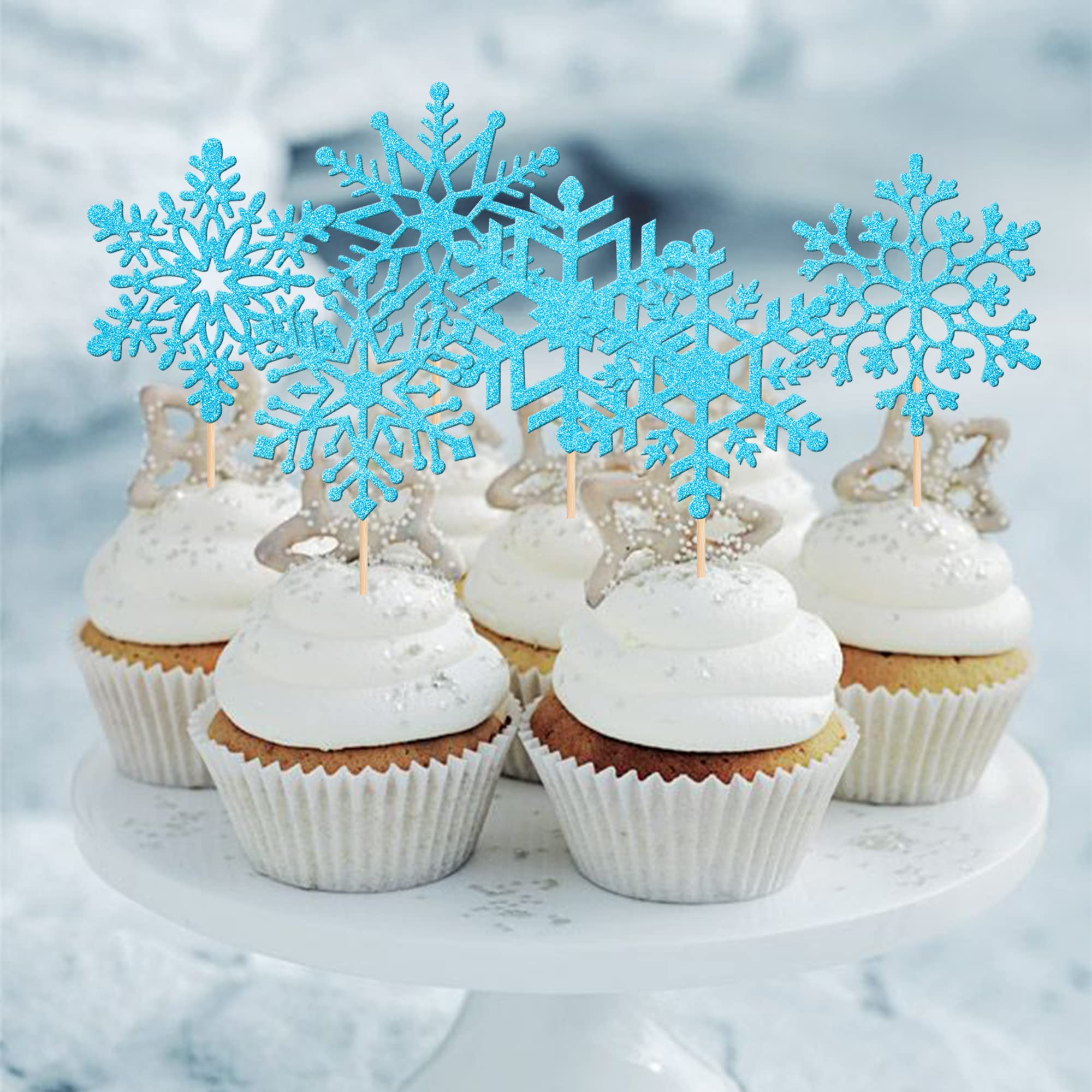 30Pcs Snowflake Glitter Cupcake Toppers - Frozen Winter Theme Cake Decor For Baby Shower, Christmas, Birthday Party Supplies