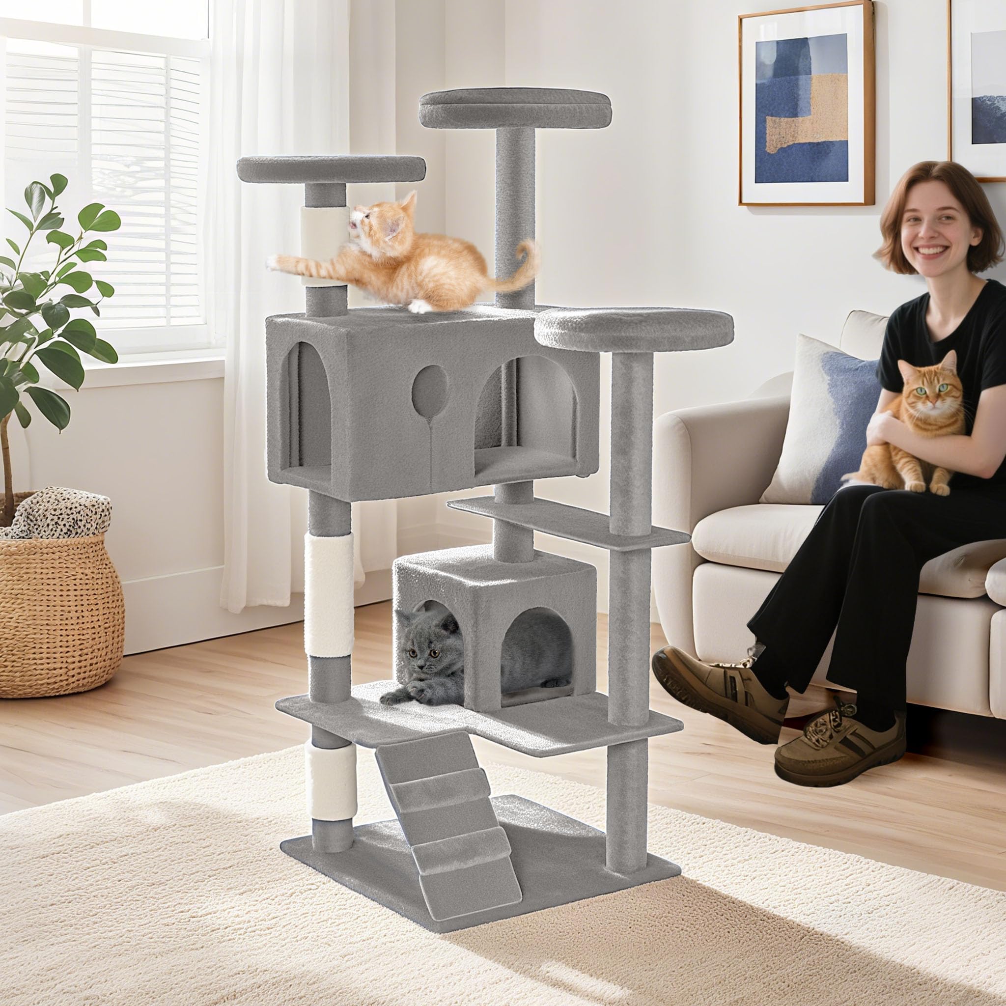 NAIZY Rascador grande para gatos, 49 x 49 x 130 cm, XXL, con columnas de sisal y cueva para gatos, antideslizante, gris K1254