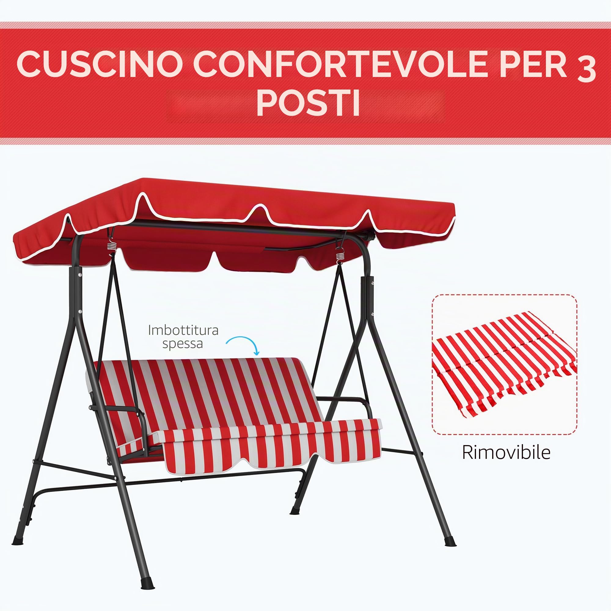 Outsunny Dondolo da Giardino a 3 Posti in Acciaio e Poliestere, Reclinabile Regolabile con Cuscini Seduta e Schienale, Tettuccio Parasole, 1,72 x 1,1 x 1,53 m, Nero e Rosso