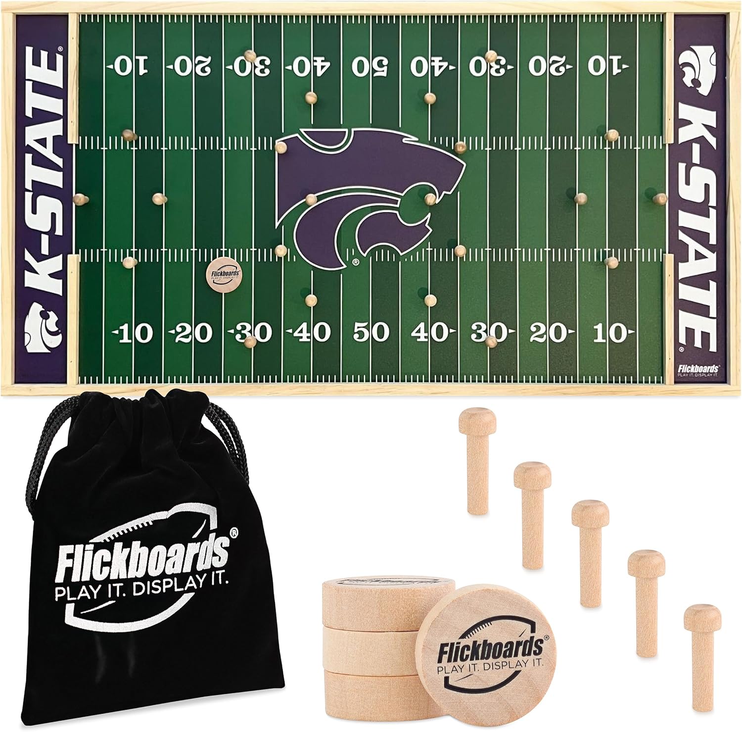 2 in 1 Officially Licensed Kansas State Wildcats Party Game and Sports Decor - Family Friendly 2 Player Indoor Outdoor Handcrafted Wooden Tabletop Football for Tailgating Fun