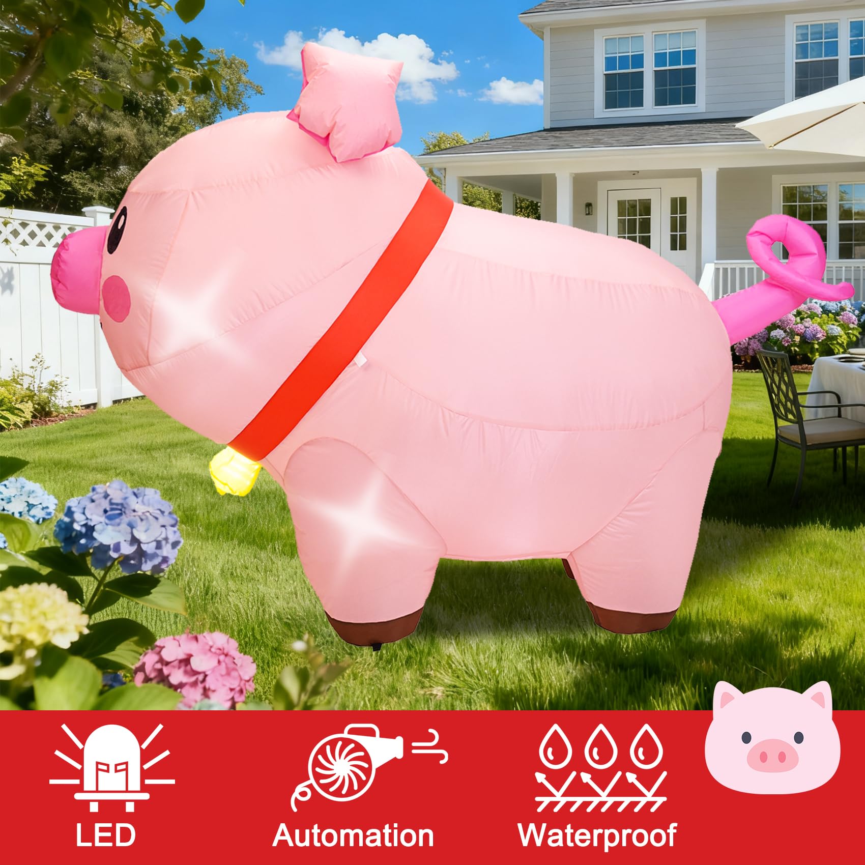 Aufblasbares Schwein, Outdoor-Dekorationen, aufblasbare Hofdekorationen mit LED-Lichtern, niedliches rosa Schwein, aufblasbar für Urlaub, Garten, Rasen, Bauernhof-Motto-Party-Dekor