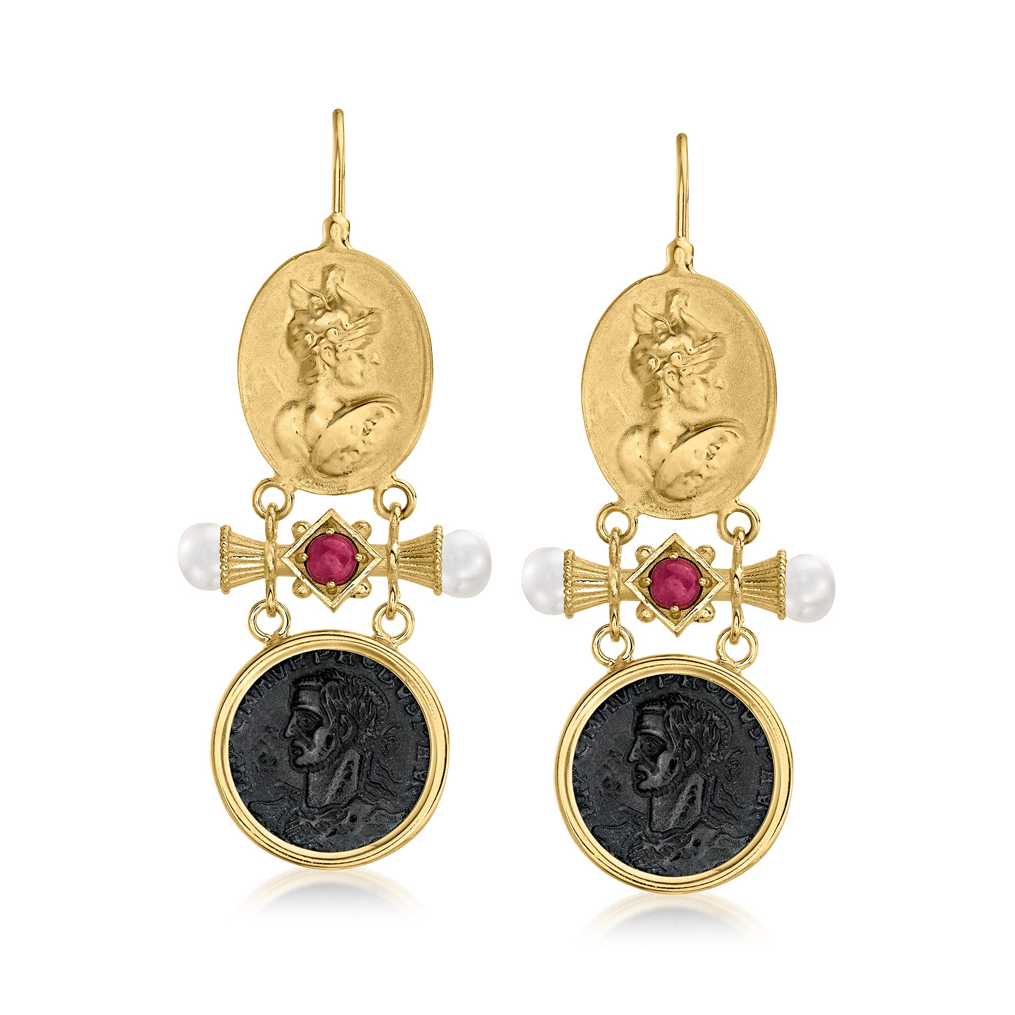 Ross-Simons Italian Tagliamonte Black Onyx and 60 ct t w Ruby Drop Earrings With Cultured Pearls in 18kt